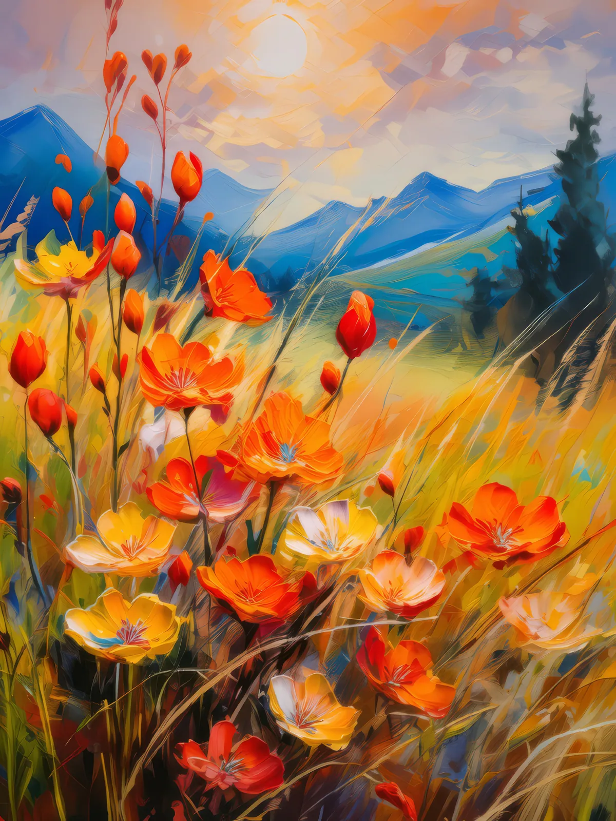 Grassland Wildflower Flames, a palette-knife oil landscape by Emma Mickelberg