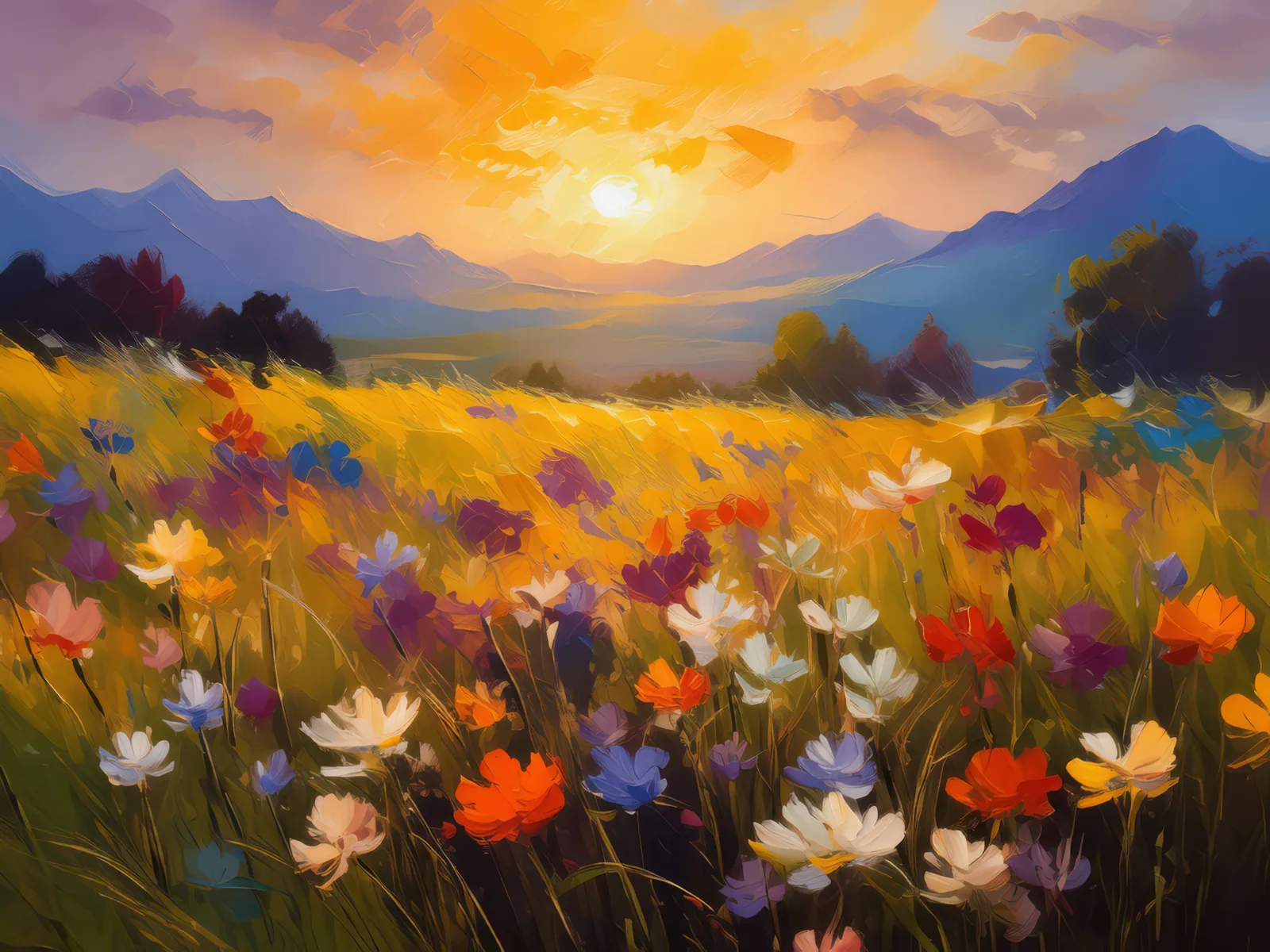 Grassland Wildflower Sunrise, a palette-knife oil landscape by Emma Mickelberg