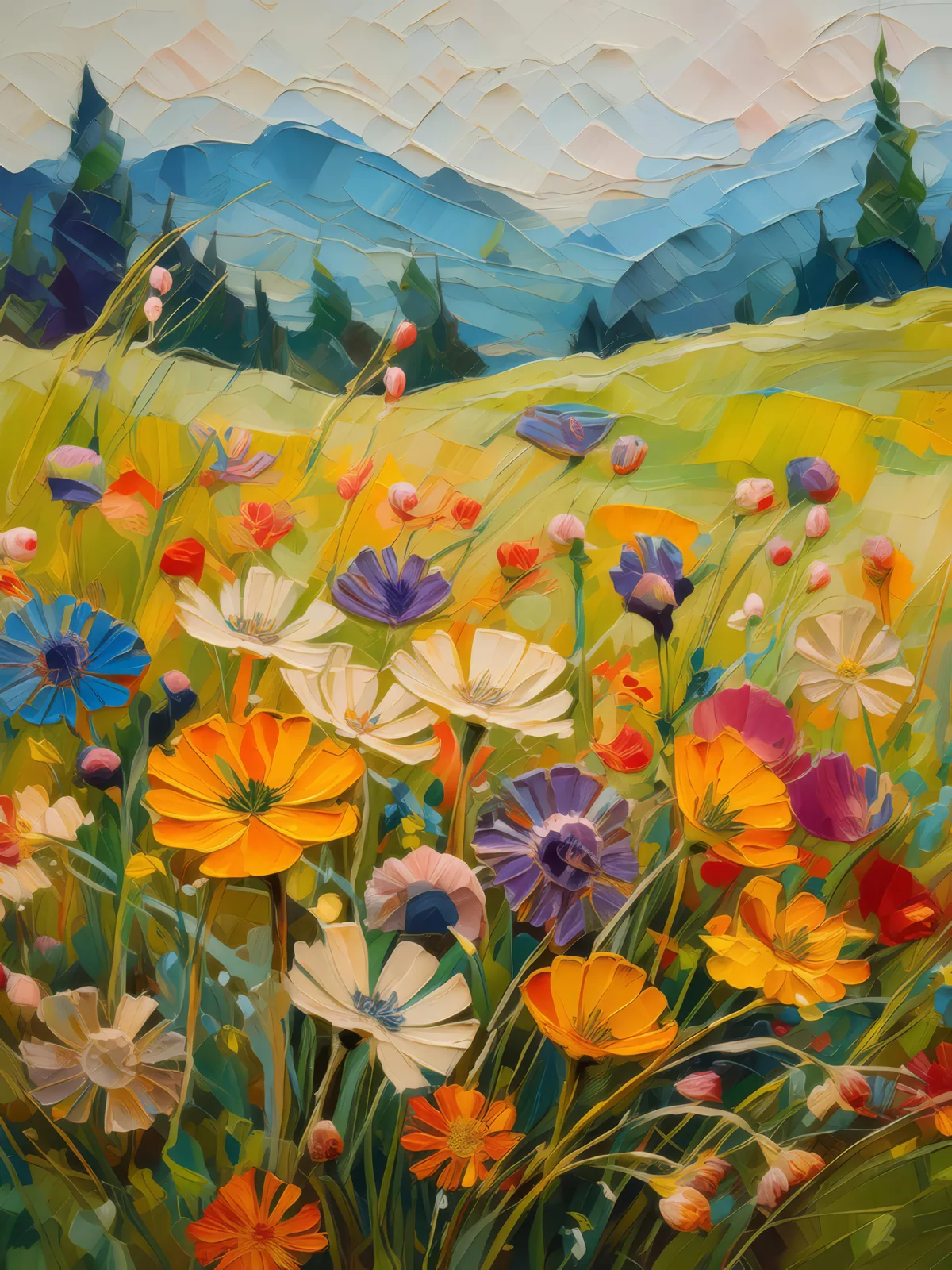 Grassland Wildflower Tapestry, a palette-knife oil landscape by Emma Mickelberg