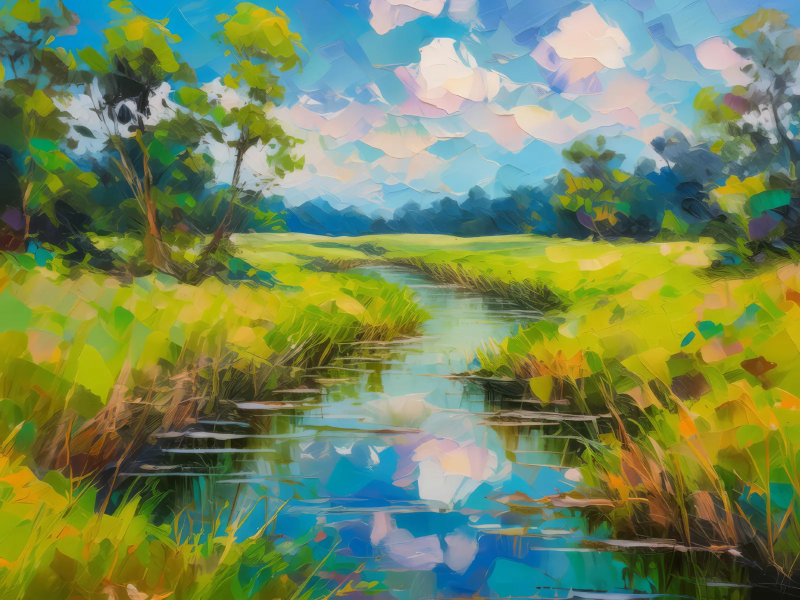 Grassland with a Creek Crossing, a palette-knife oil landscape by Emma Mickelberg