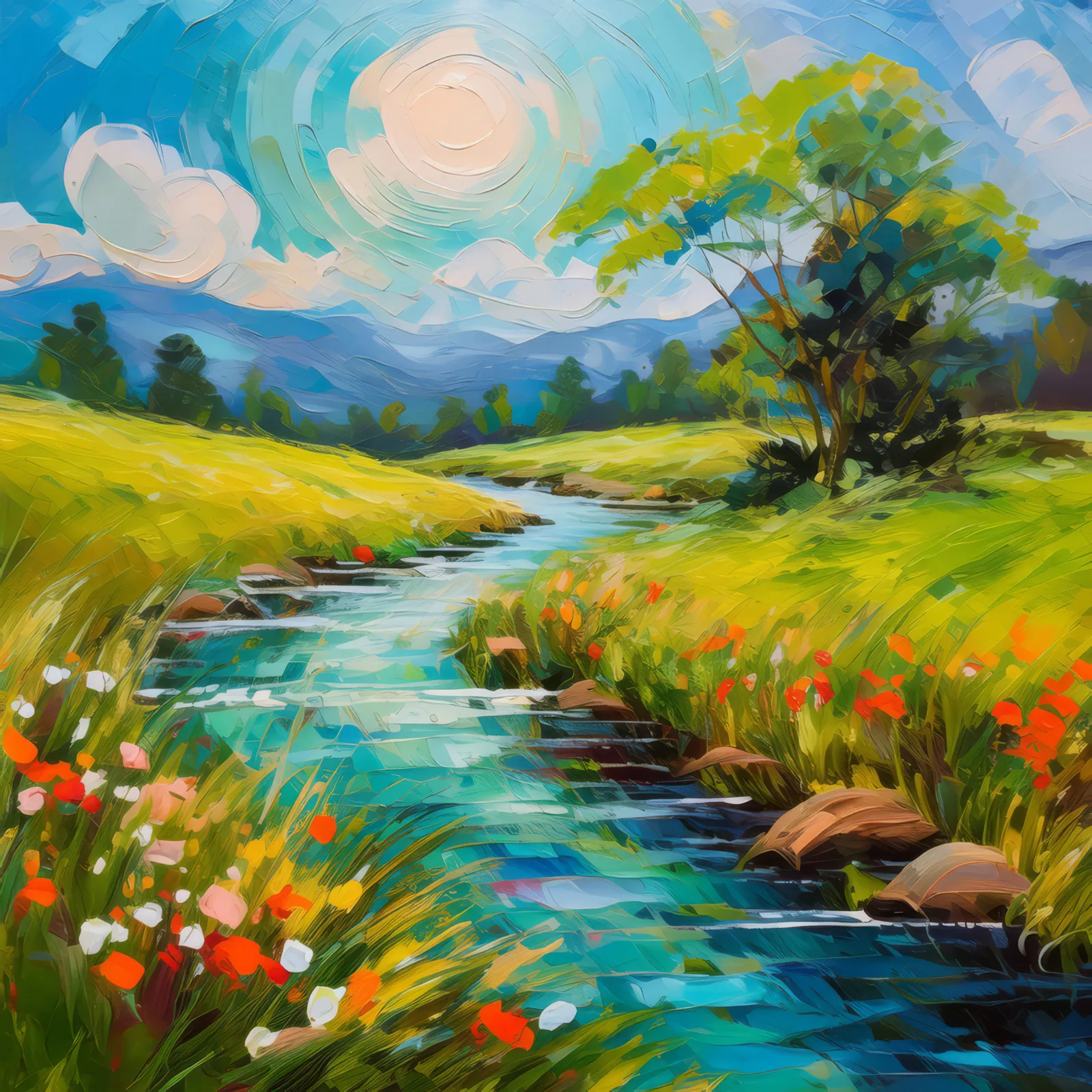 Grassland with a Glistening Stream, a palette-knife oil landscape by Emma Mickelberg