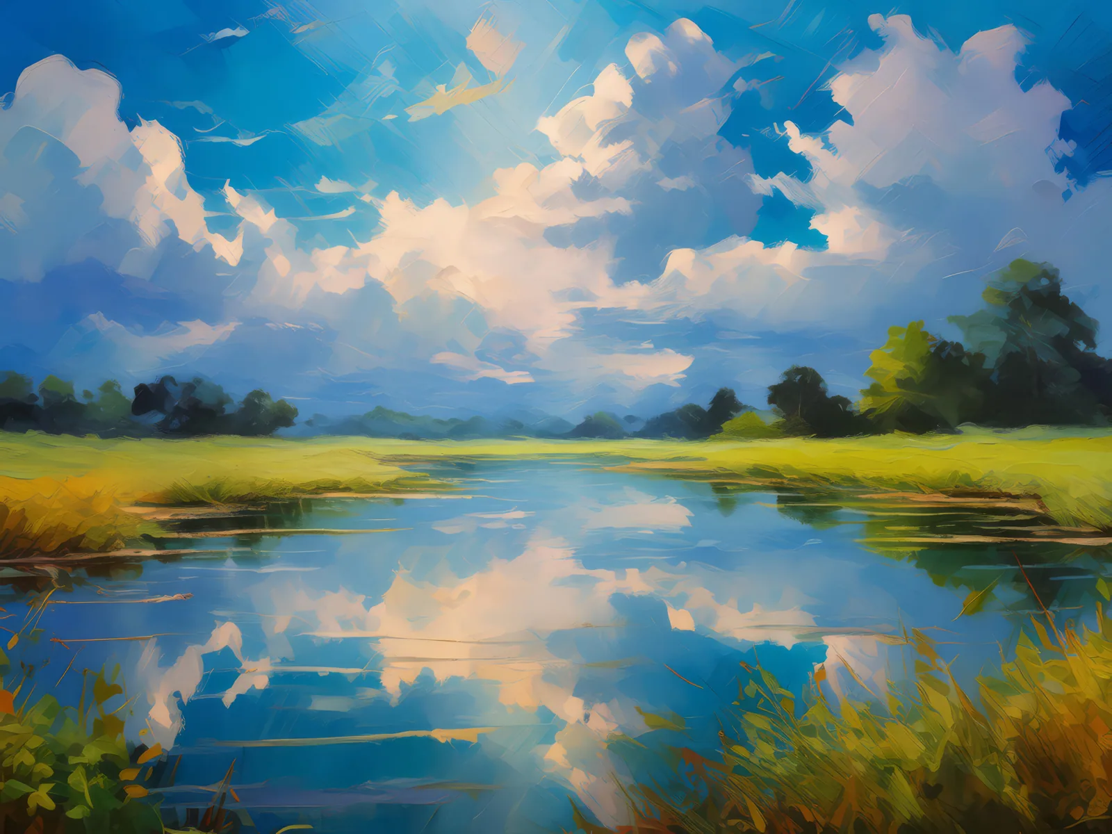 Grassland with a Serene Pond, a palette-knife oil landscape by Emma Mickelberg