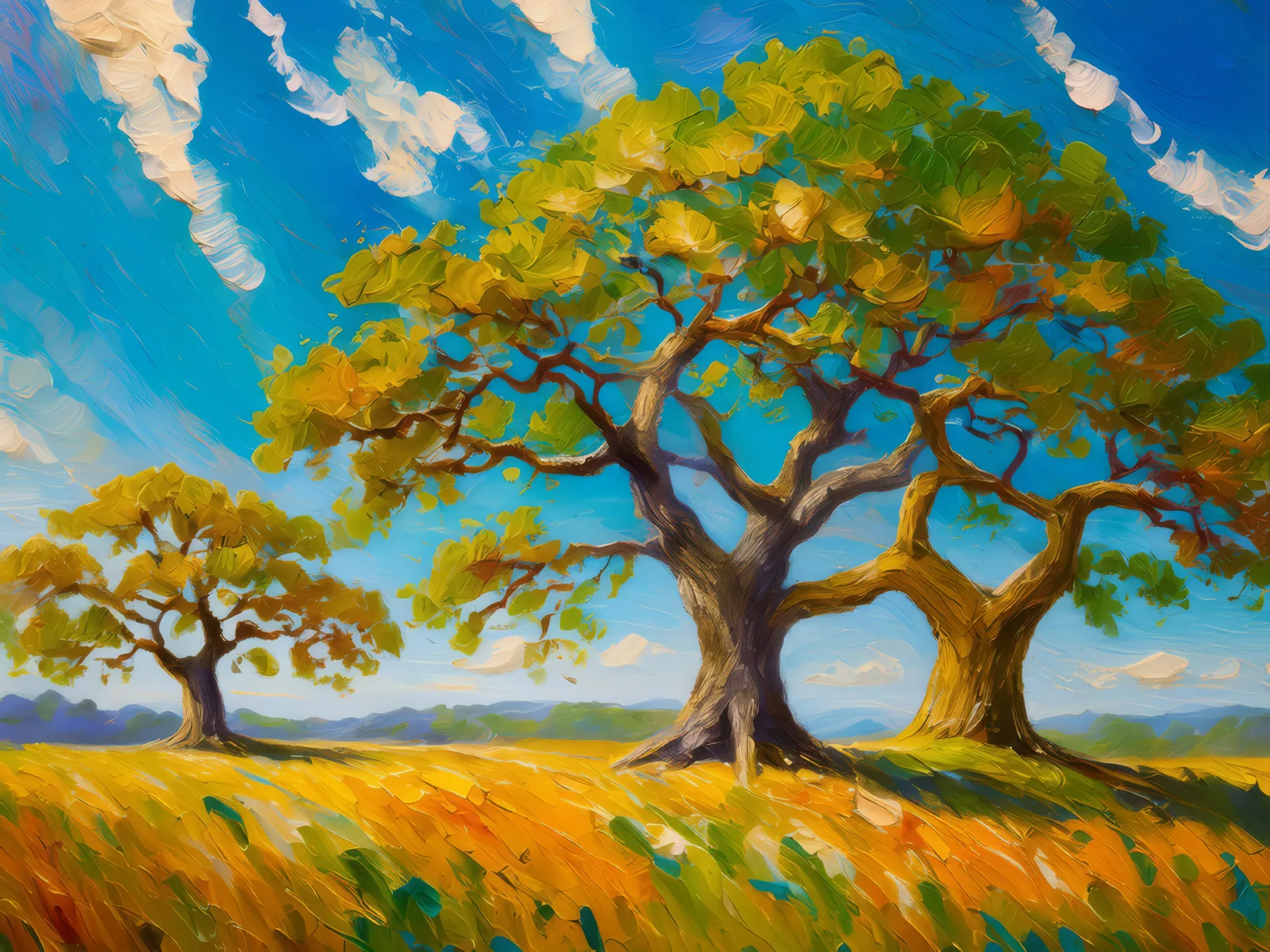 Grassland with Ancient Oaks, a palette-knife oil landscape by Emma Mickelberg
