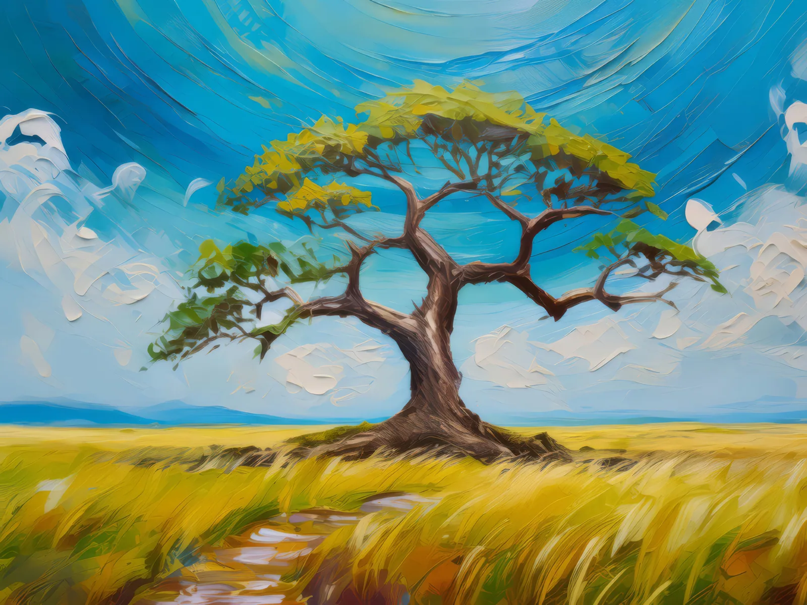 Grassland with Ancient Tree, a palette-knife oil landscape by Emma Mickelberg