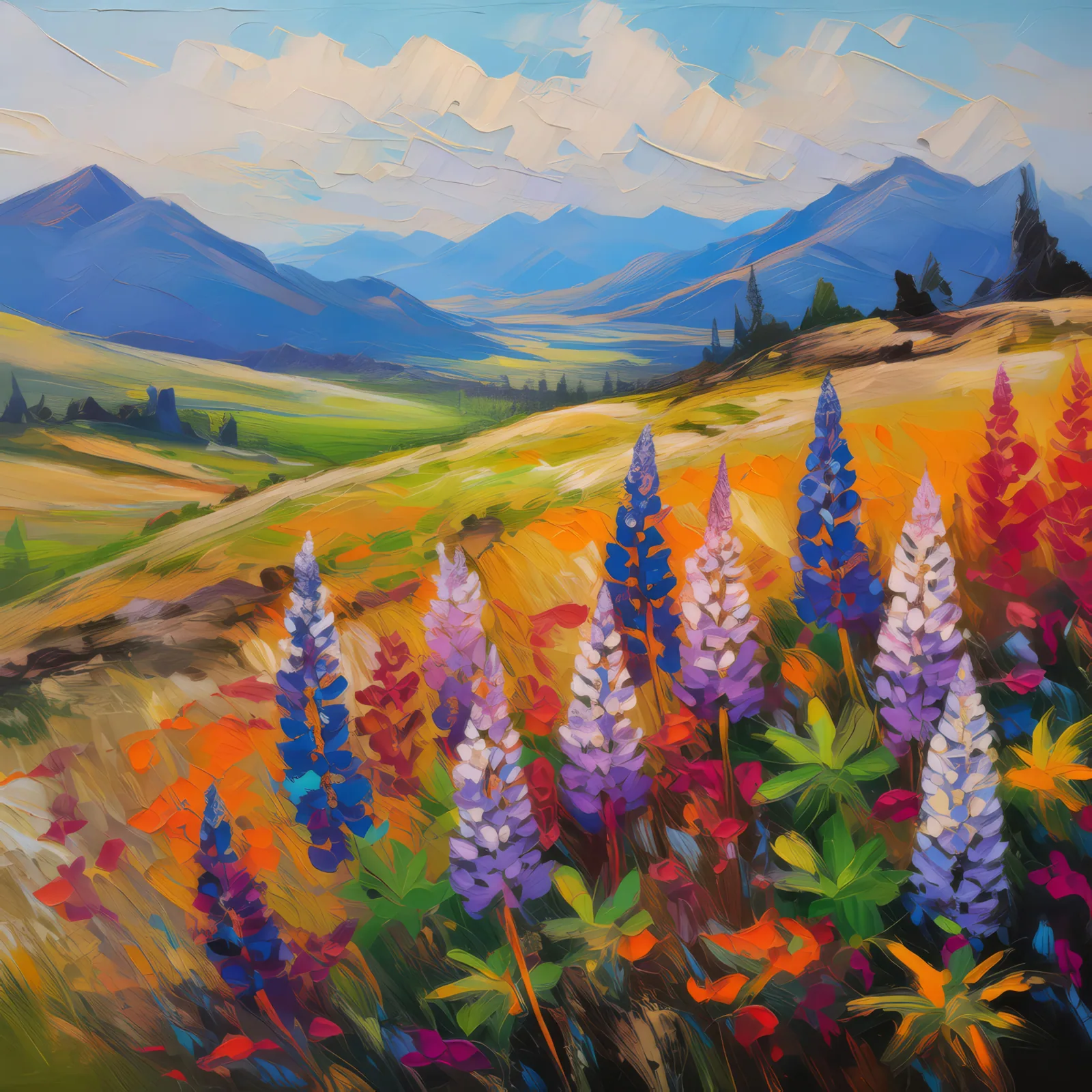 Grassland with Blooming Lupines, a palette-knife oil landscape by Emma Mickelberg