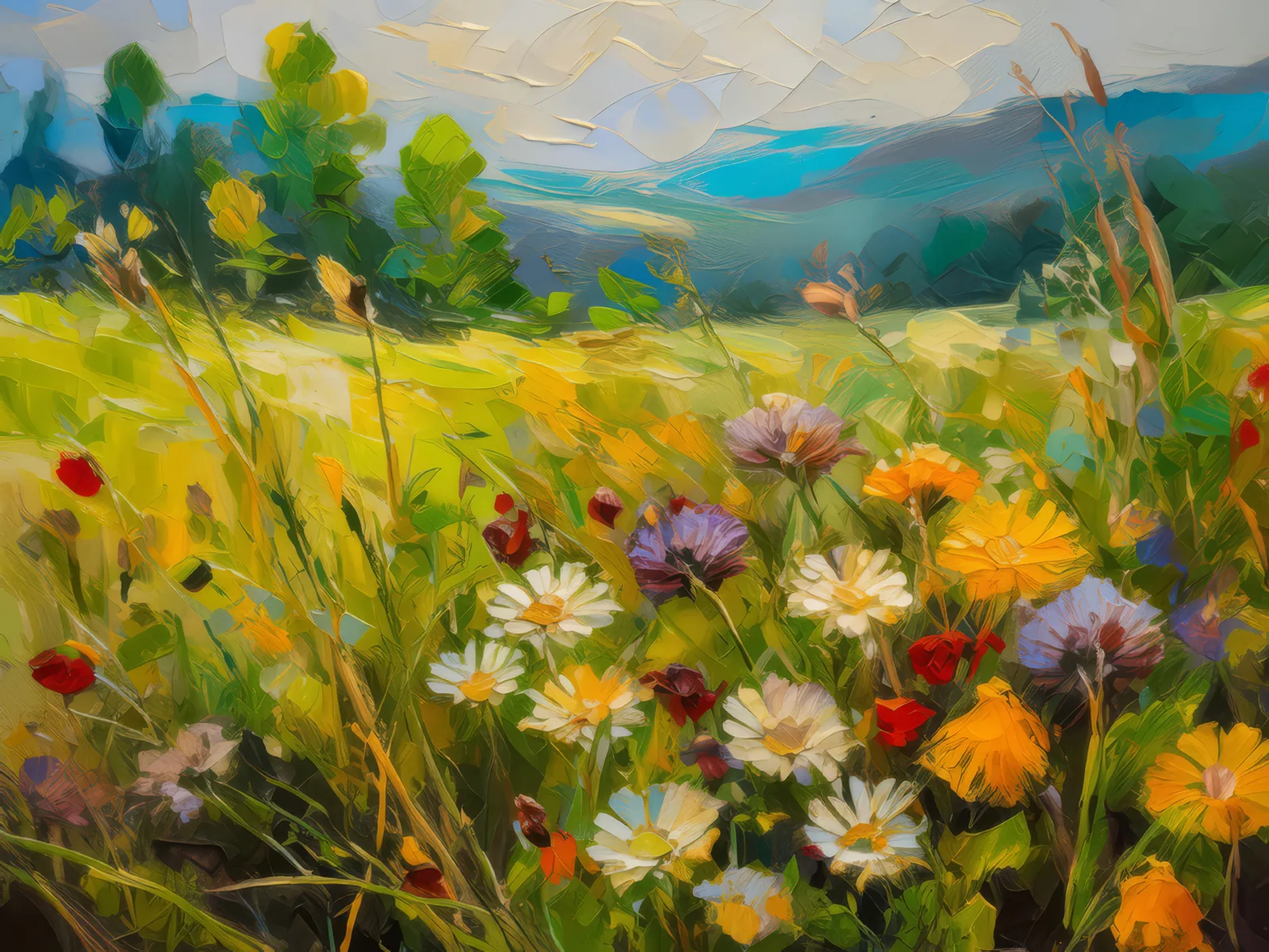 Grassland with Bountiful Harvest, a palette-knife oil landscape by Emma Mickelberg