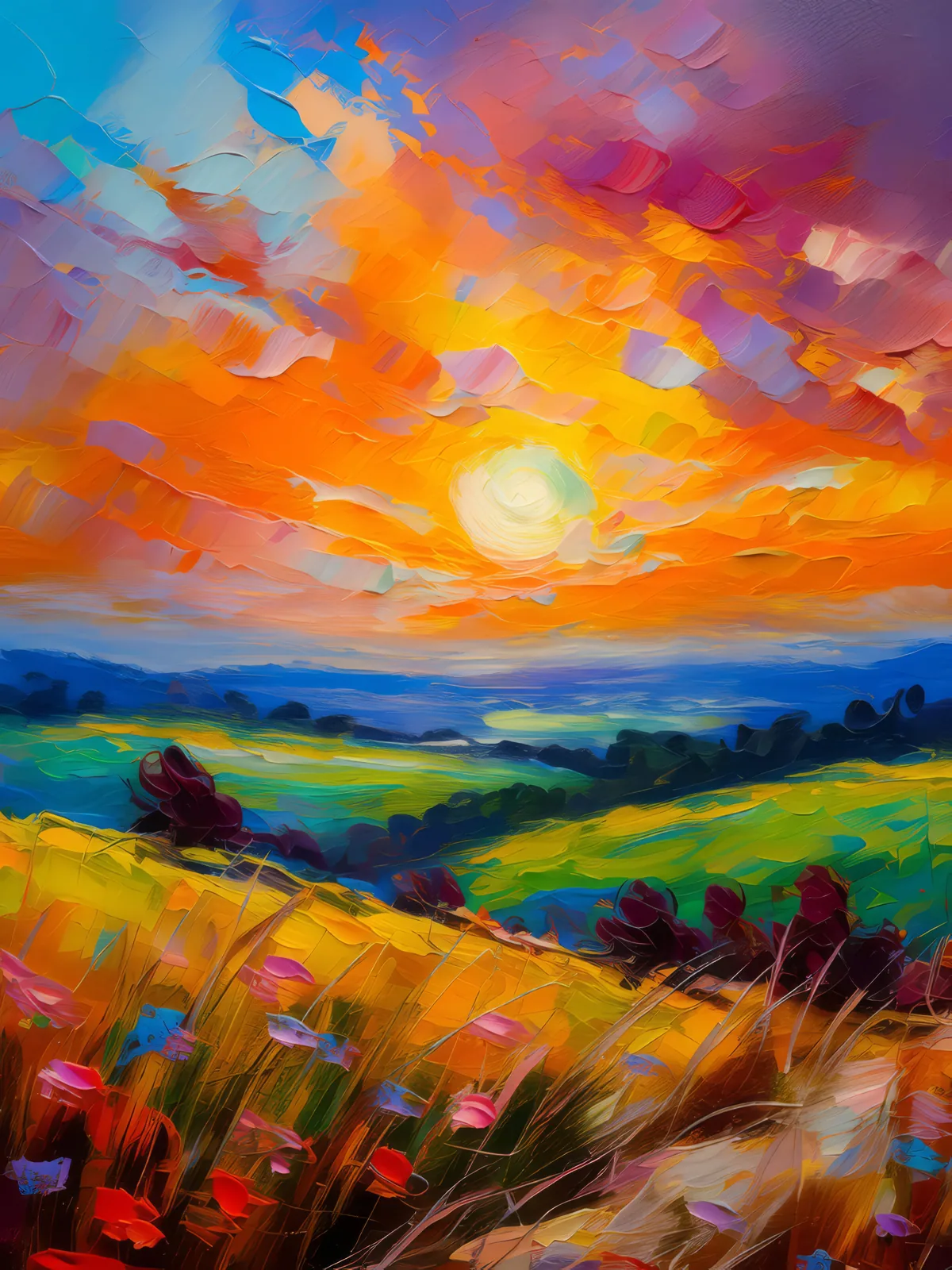 Grassland with Colorful Sunset, a palette-knife oil landscape by Emma Mickelberg
