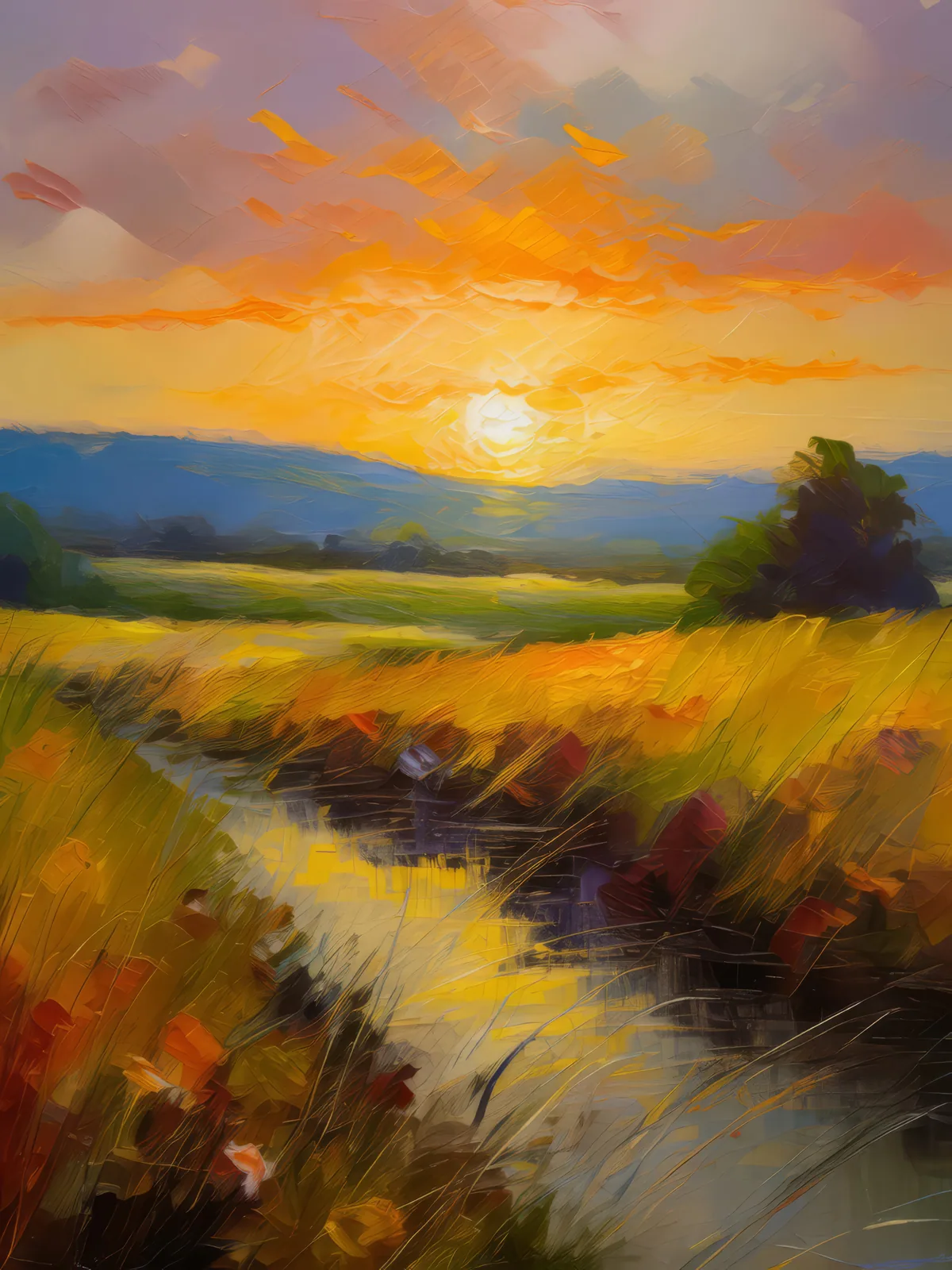 Grassland with Fading Sunlight, a palette-knife oil landscape by Emma Mickelberg