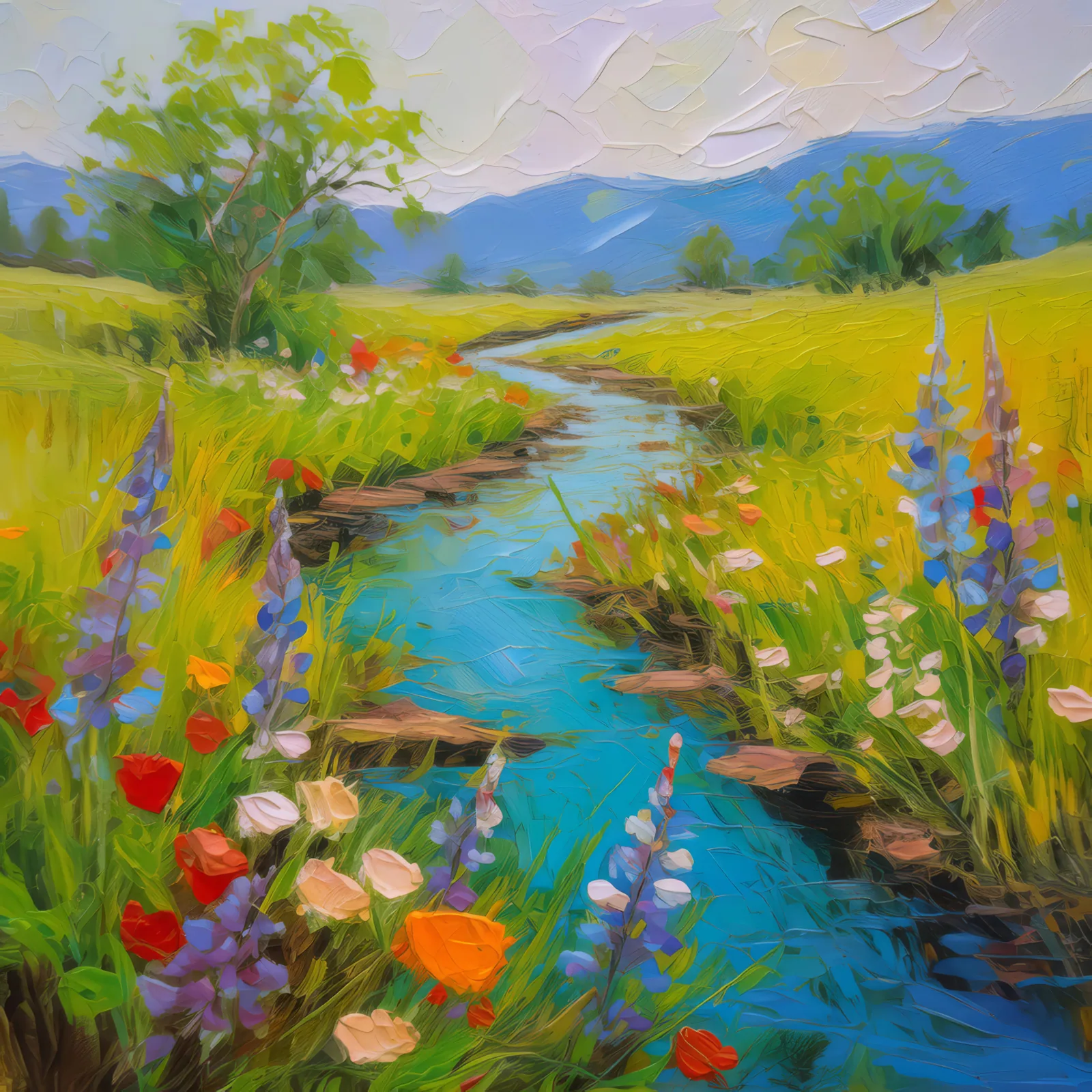 Grassland with Flowing Creek, a palette-knife oil landscape by Emma Mickelberg