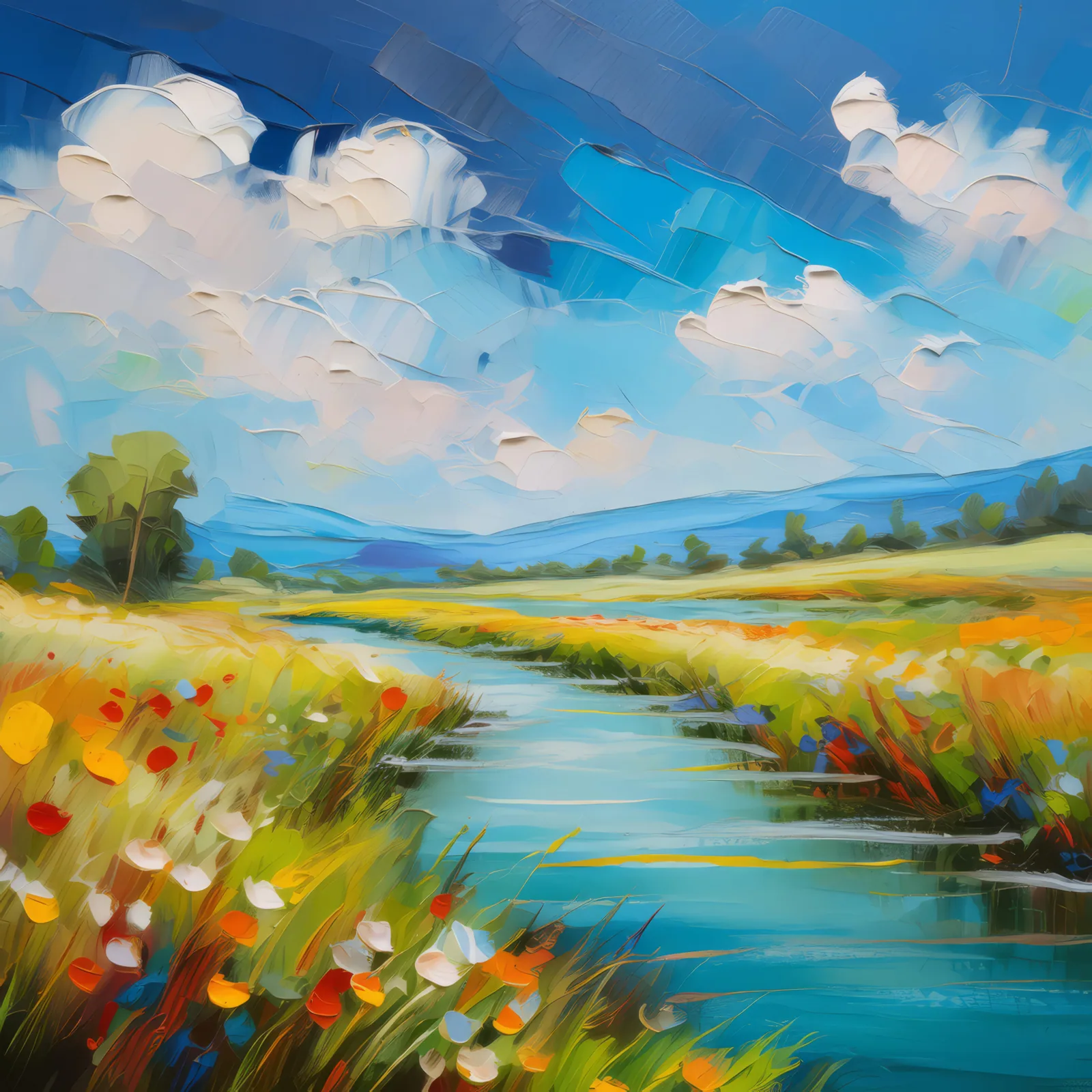 Grassland with Flowing River, a palette-knife oil landscape by Emma Mickelberg