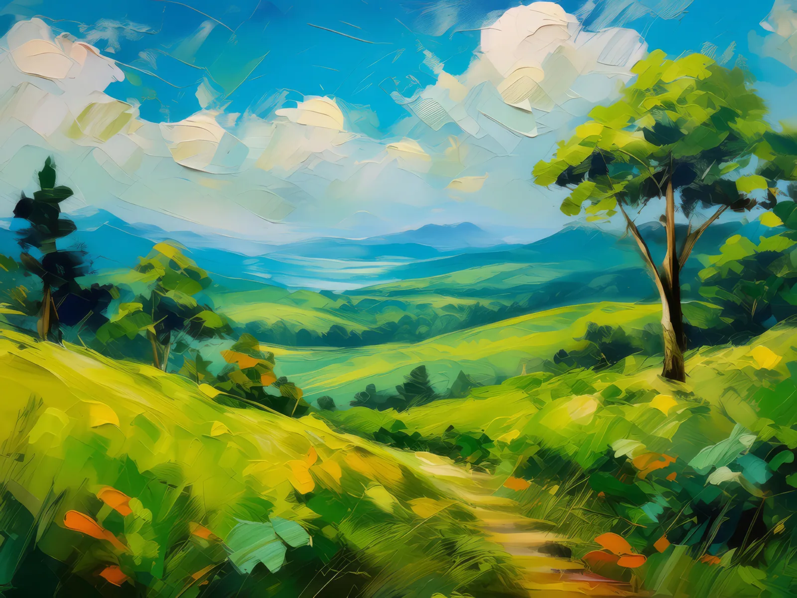 Grassland with Lush Greenery, a palette-knife oil landscape by Emma Mickelberg