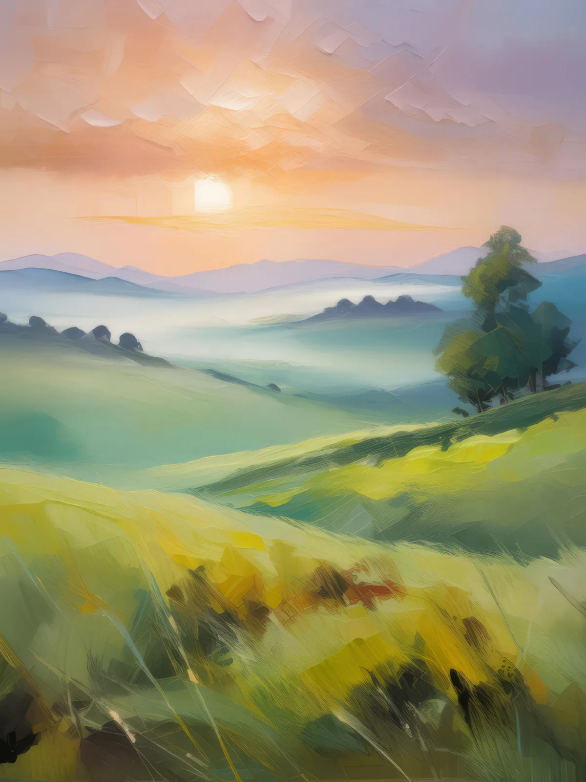 Grassland with Morning Fog, a palette-knife oil landscape by Emma Mickelberg