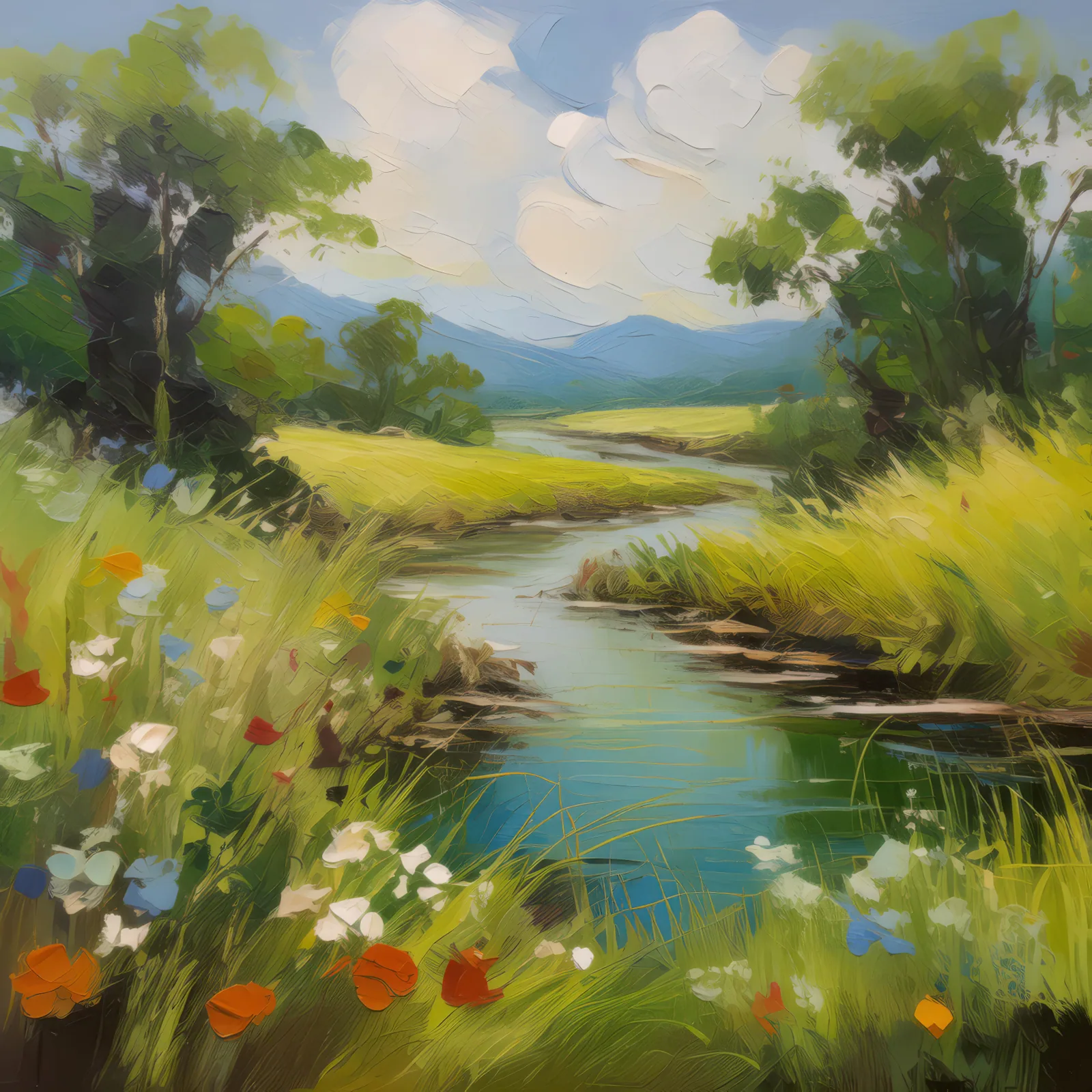 Grassland with River, a palette-knife oil landscape by Emma Mickelberg