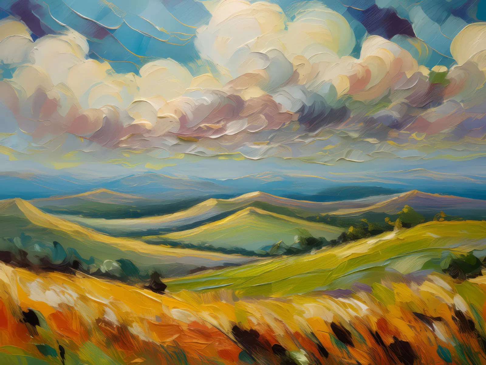 Grassland with Rolling Hills, a palette-knife oil landscape by Emma Mickelberg