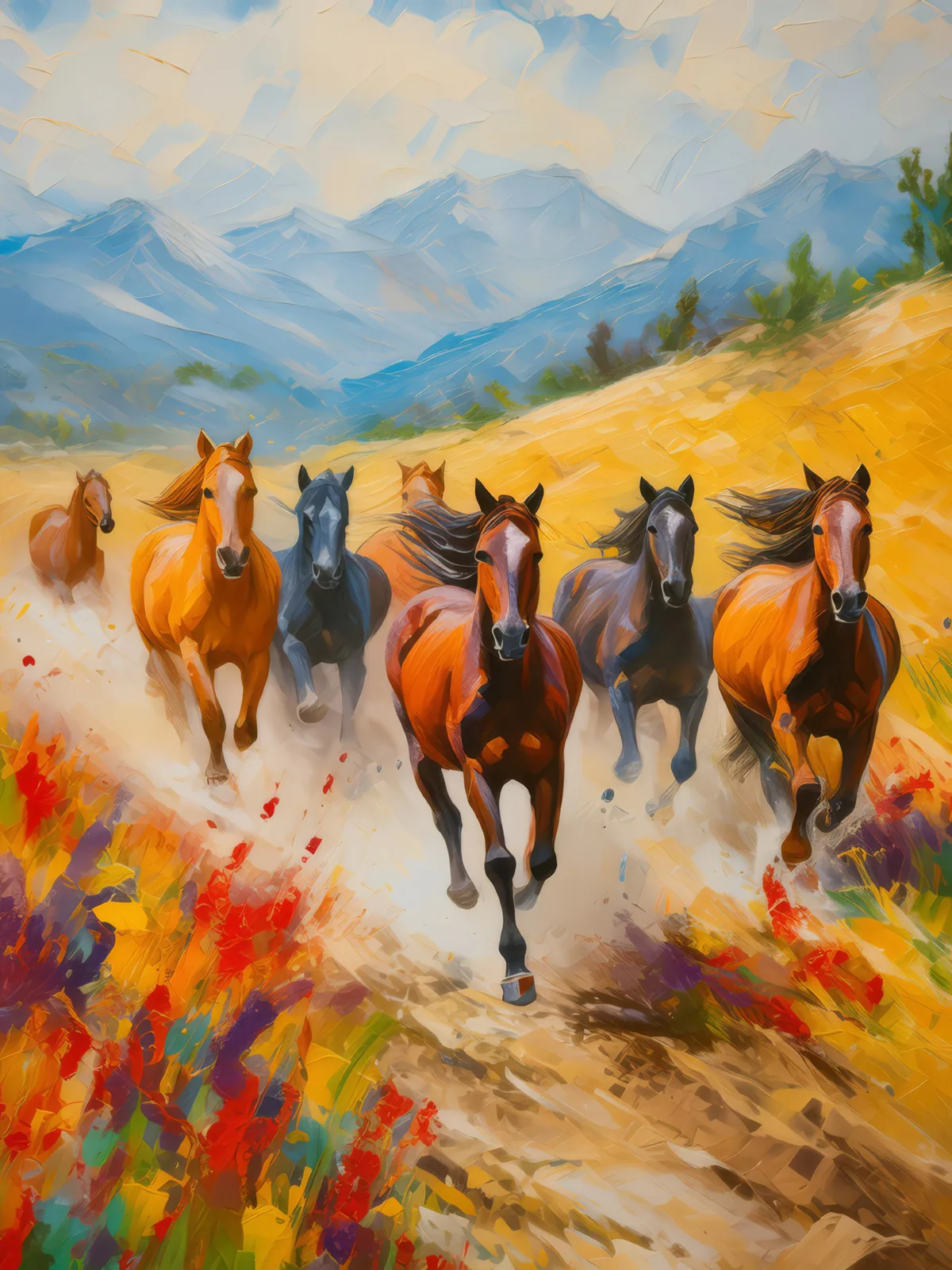Grassland with Running Horses, a palette-knife oil landscape by Emma Mickelberg