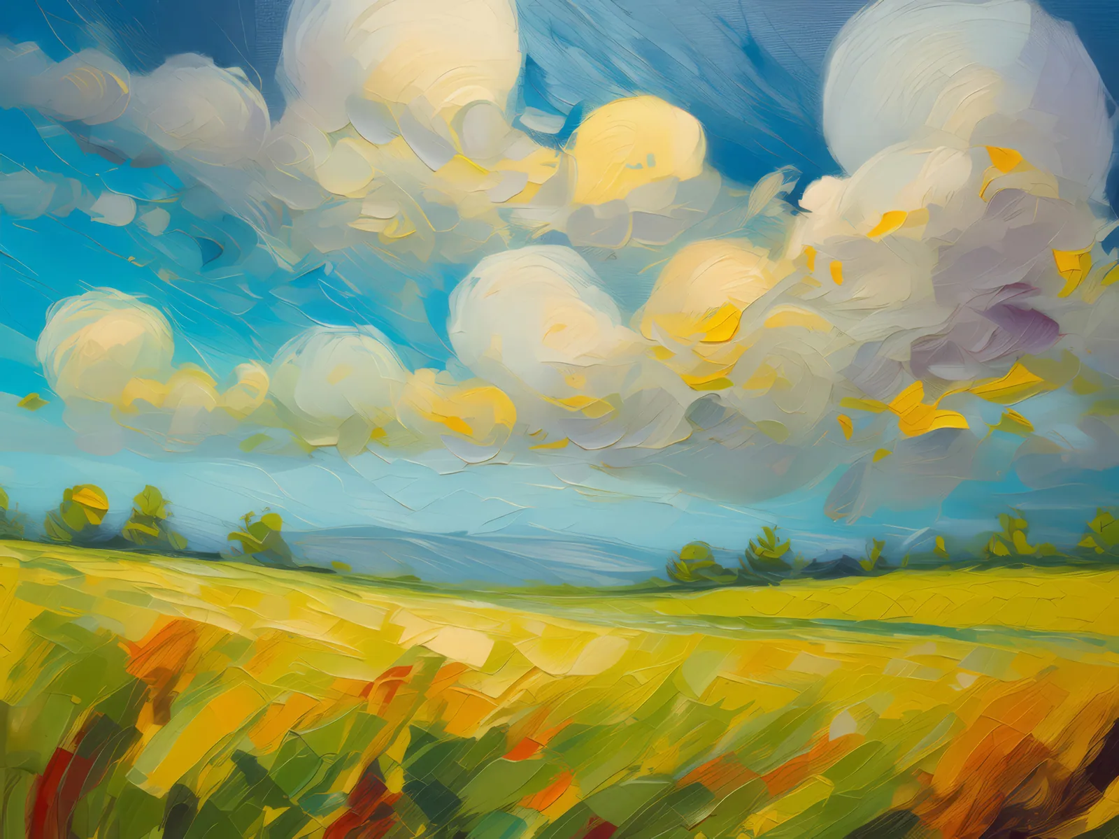 Grassland with Scattered Clouds, a palette-knife oil landscape by Emma Mickelberg