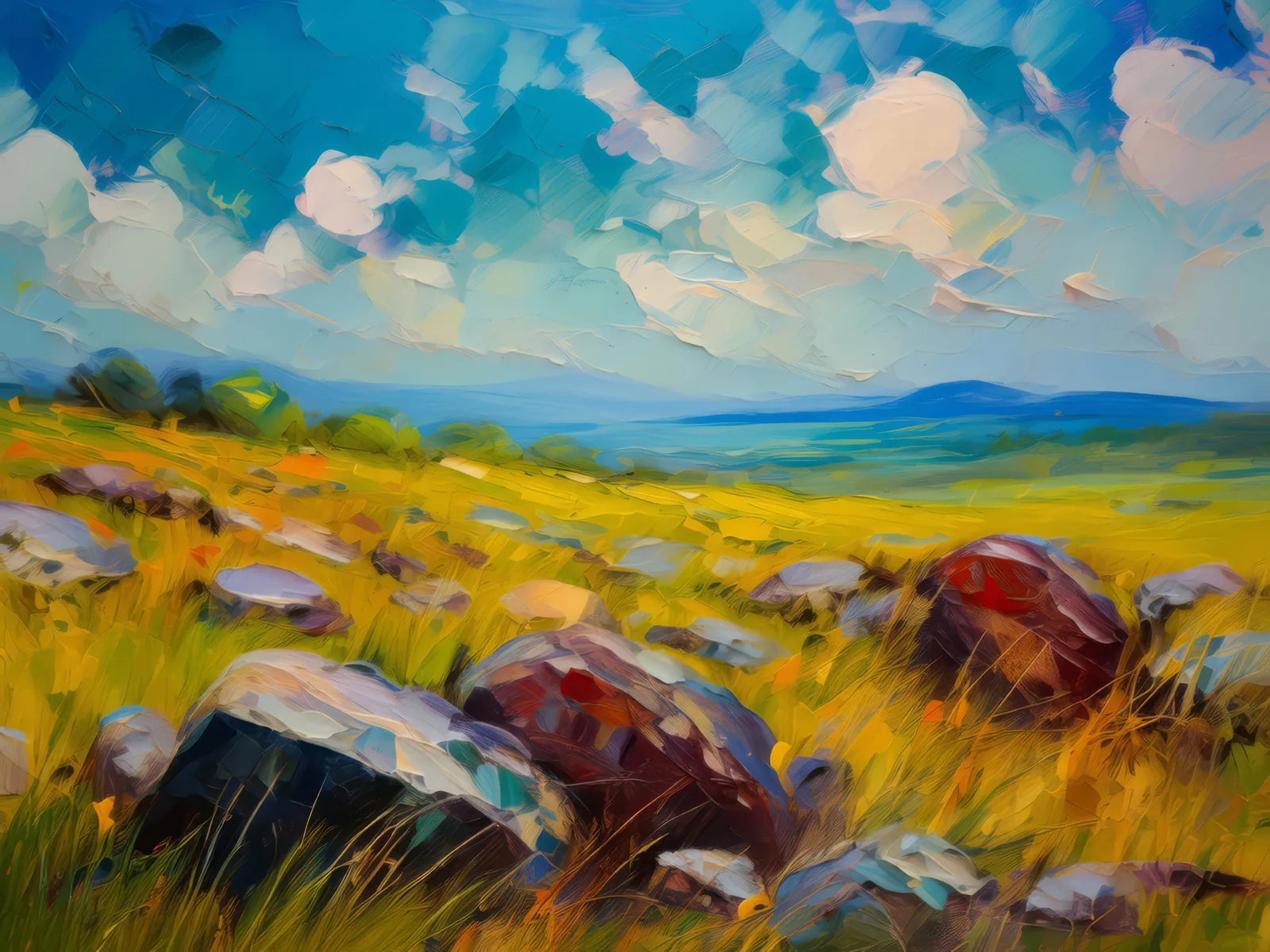 Grassland with Scattered Rocks, a palette-knife oil landscape by Emma Mickelberg