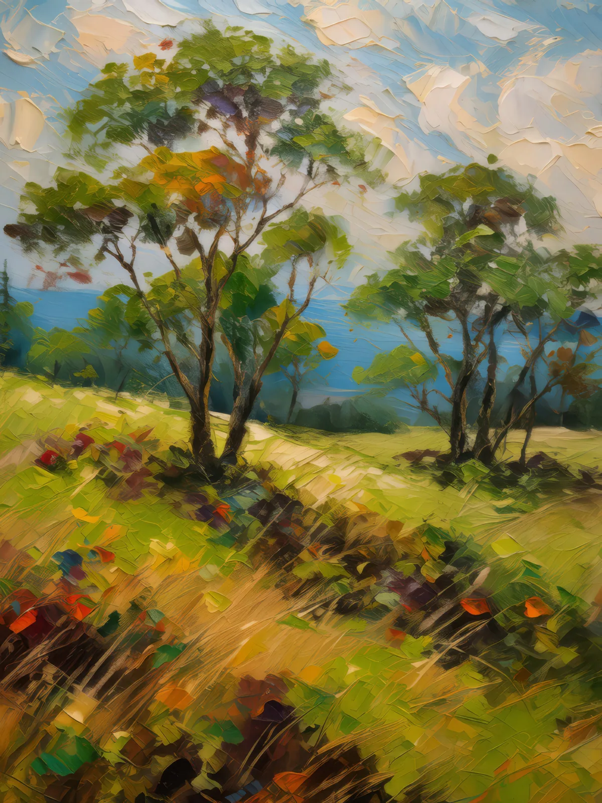 Grassland with Scattered Trees, a palette-knife oil landscape by Emma Mickelberg