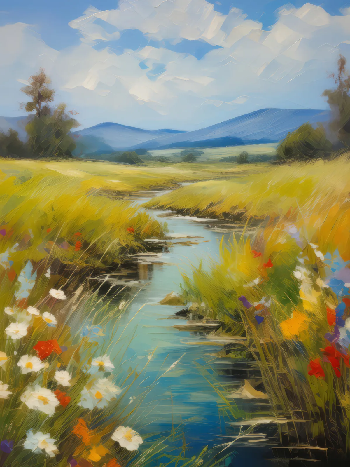 Grassland with Stream, a palette-knife oil landscape by Emma Mickelberg