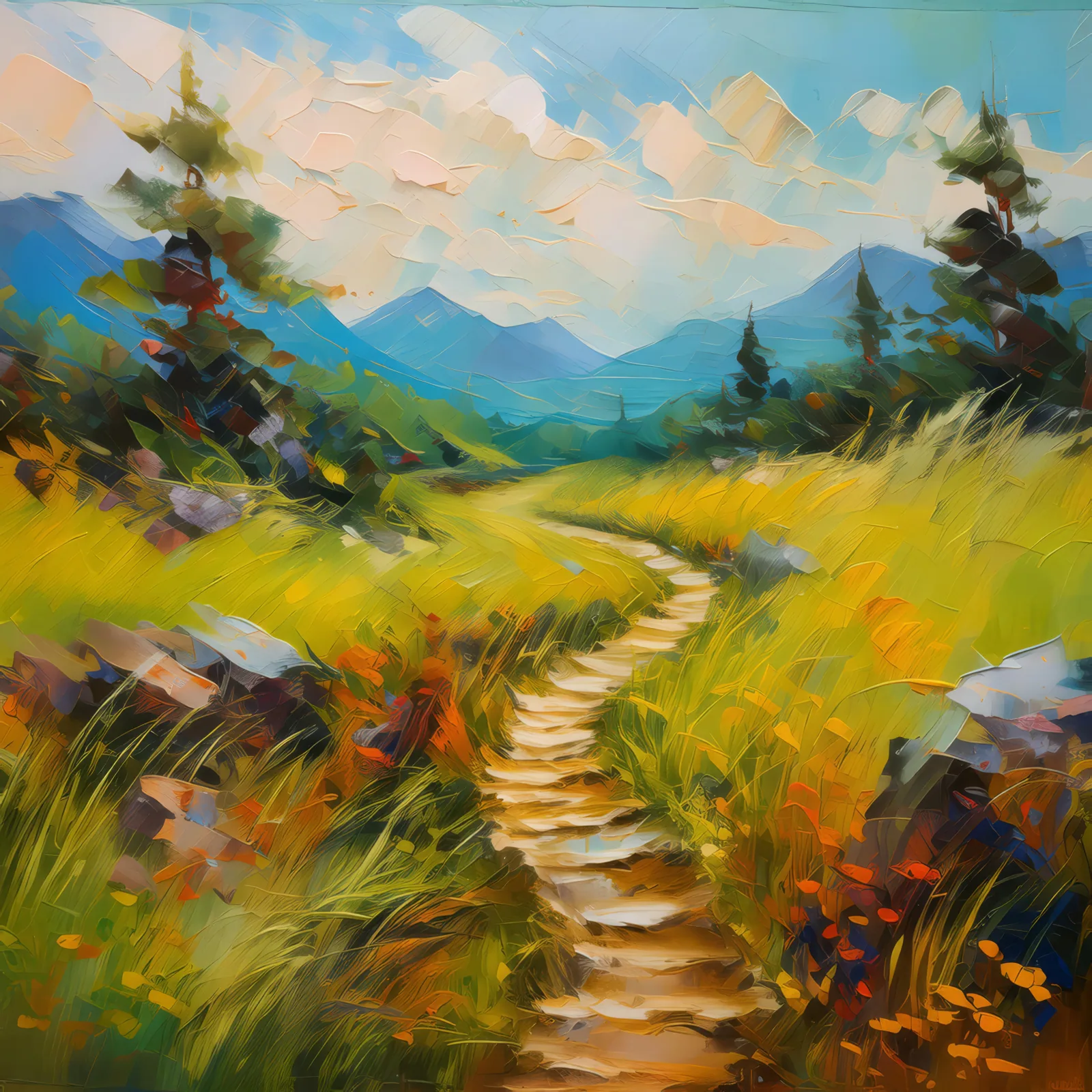 Grassland with Wandering Path, a palette-knife oil landscape by Emma Mickelberg