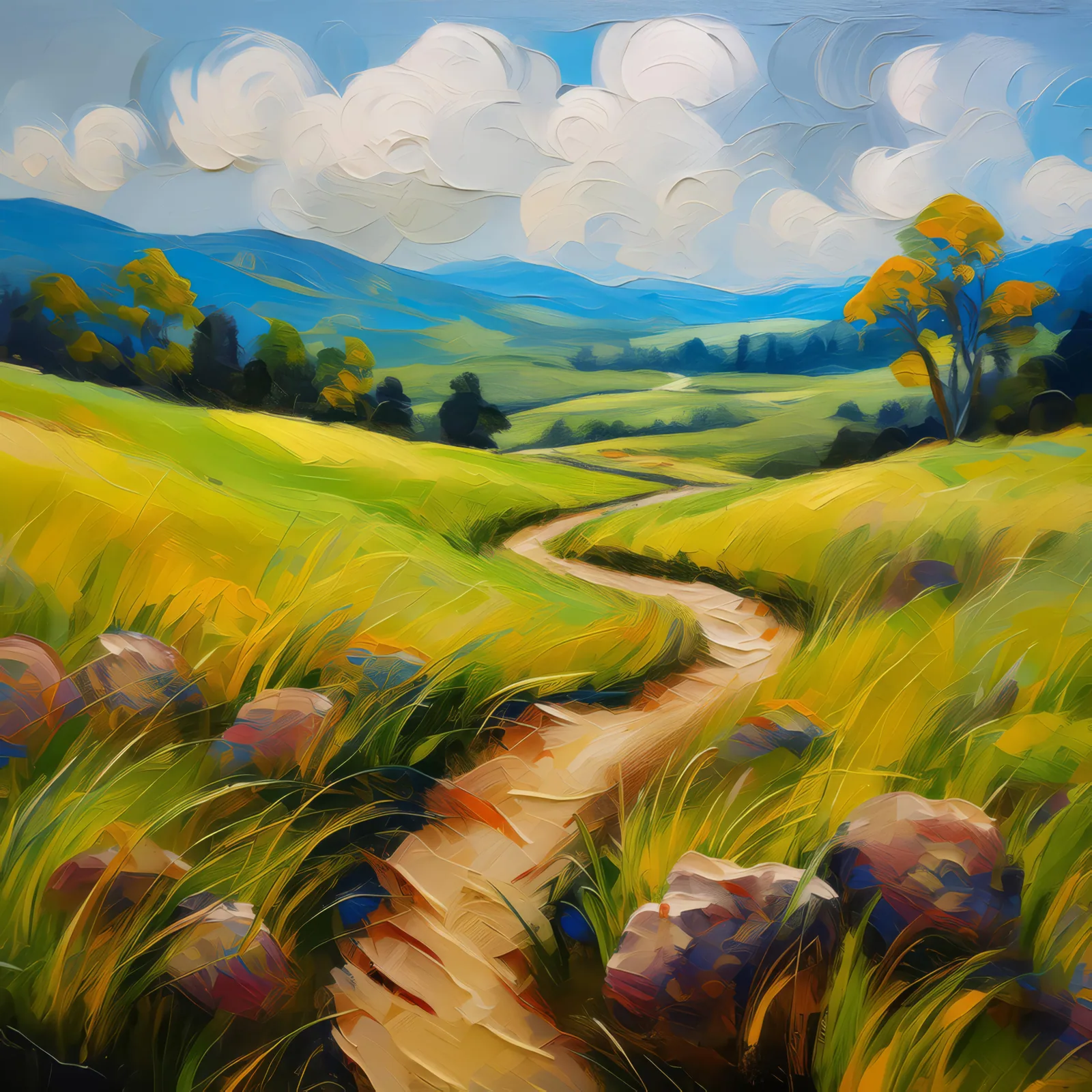 Grassland with Winding Paths, a palette-knife oil landscape by Emma Mickelberg