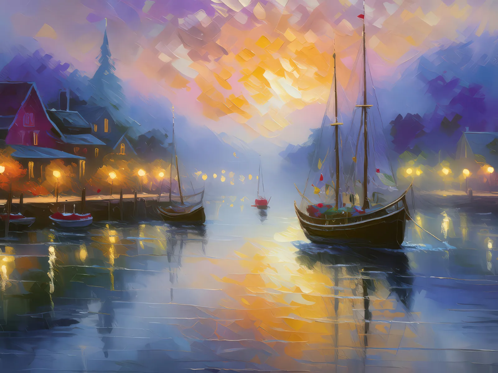 Harbor Fog at Dawn, a palette-knife oil landscape by Emma Mickelberg