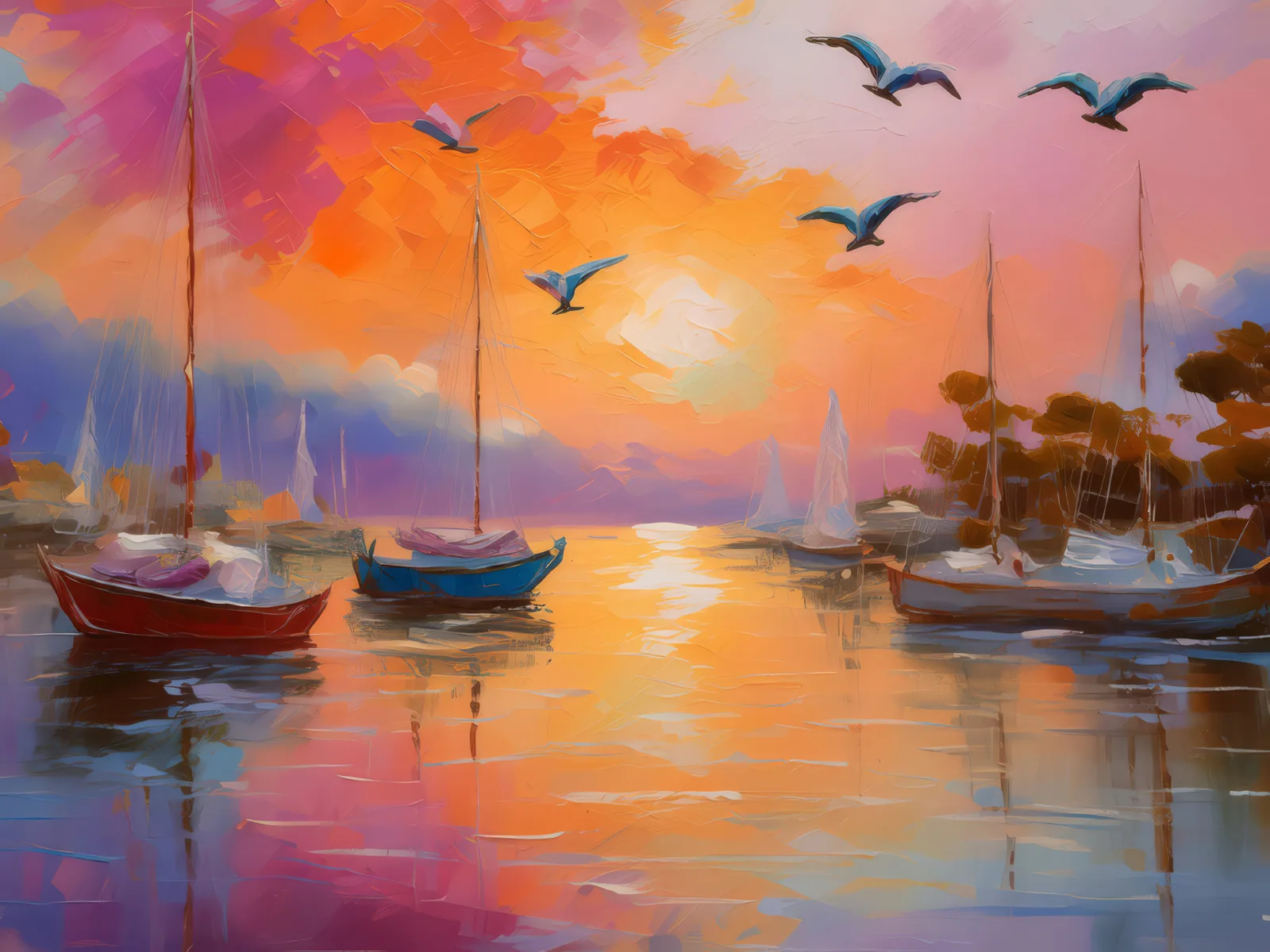 Harbor Sunrise with Sailboats, a palette-knife oil landscape by Emma Mickelberg