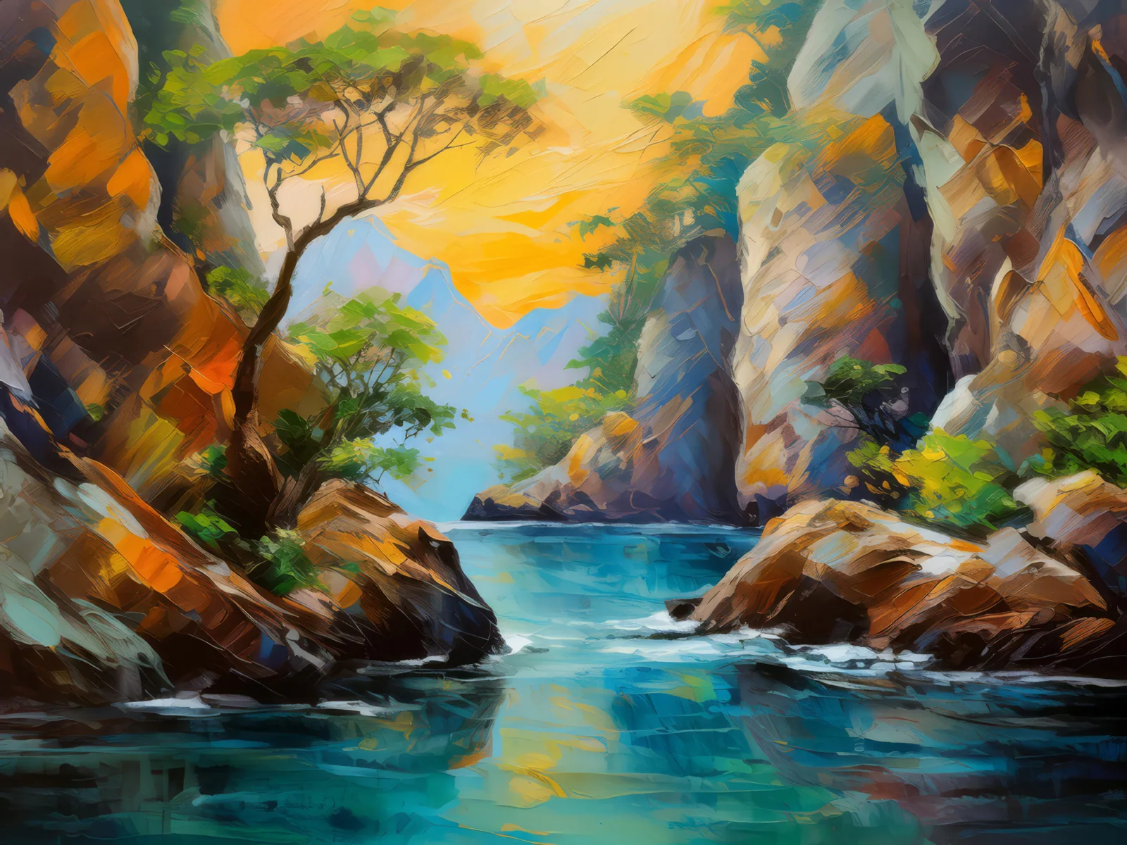 Harmony's Haven in Craggy Clefts, a palette-knife oil landscape by Emma Mickelberg