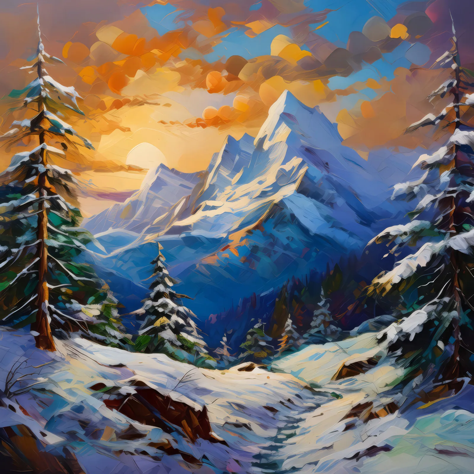 Harsh Alpine Winter, a palette-knife oil landscape by Emma Mickelberg