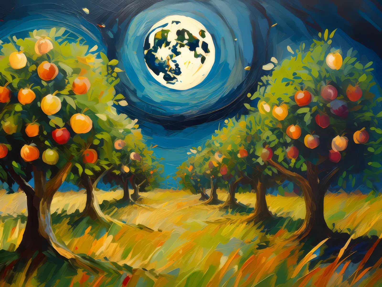 Harvest Moon Orchard, a palette-knife oil landscape by Emma Mickelberg