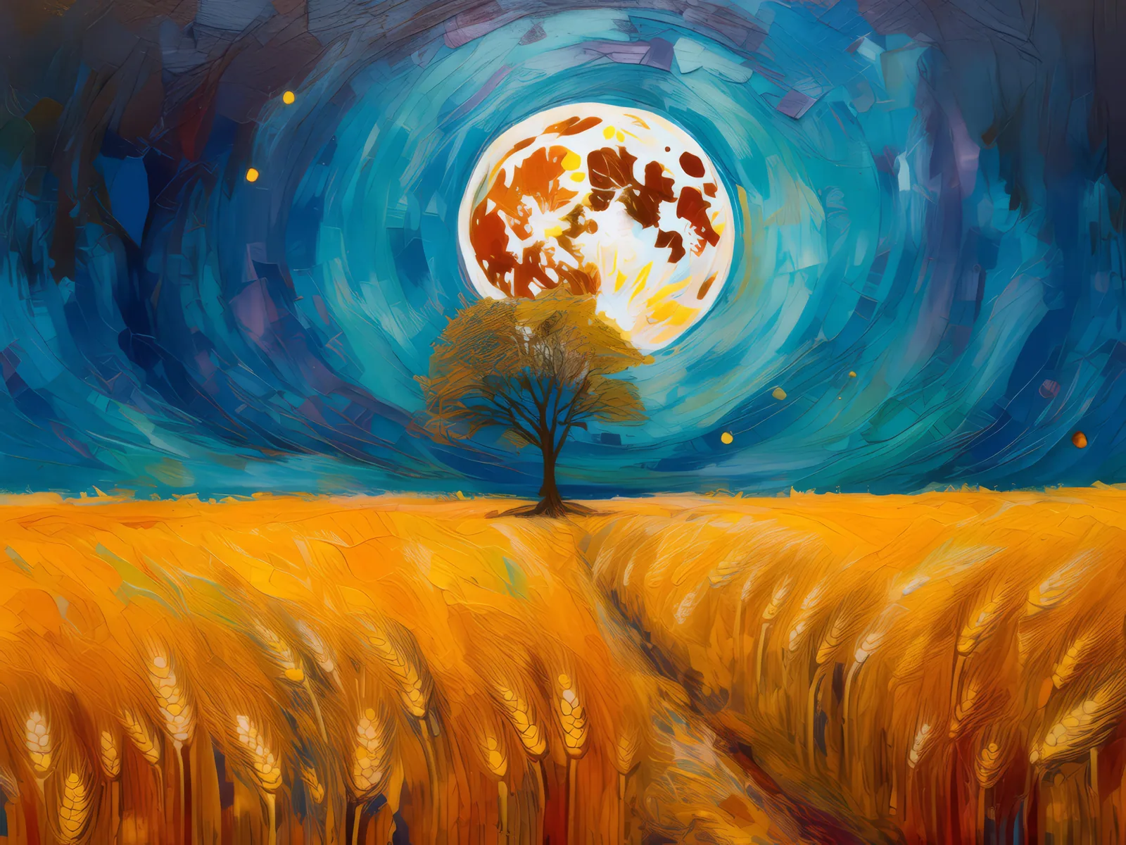 Harvest Moon Over Wheat Fields, a palette-knife oil landscape by Emma Mickelberg