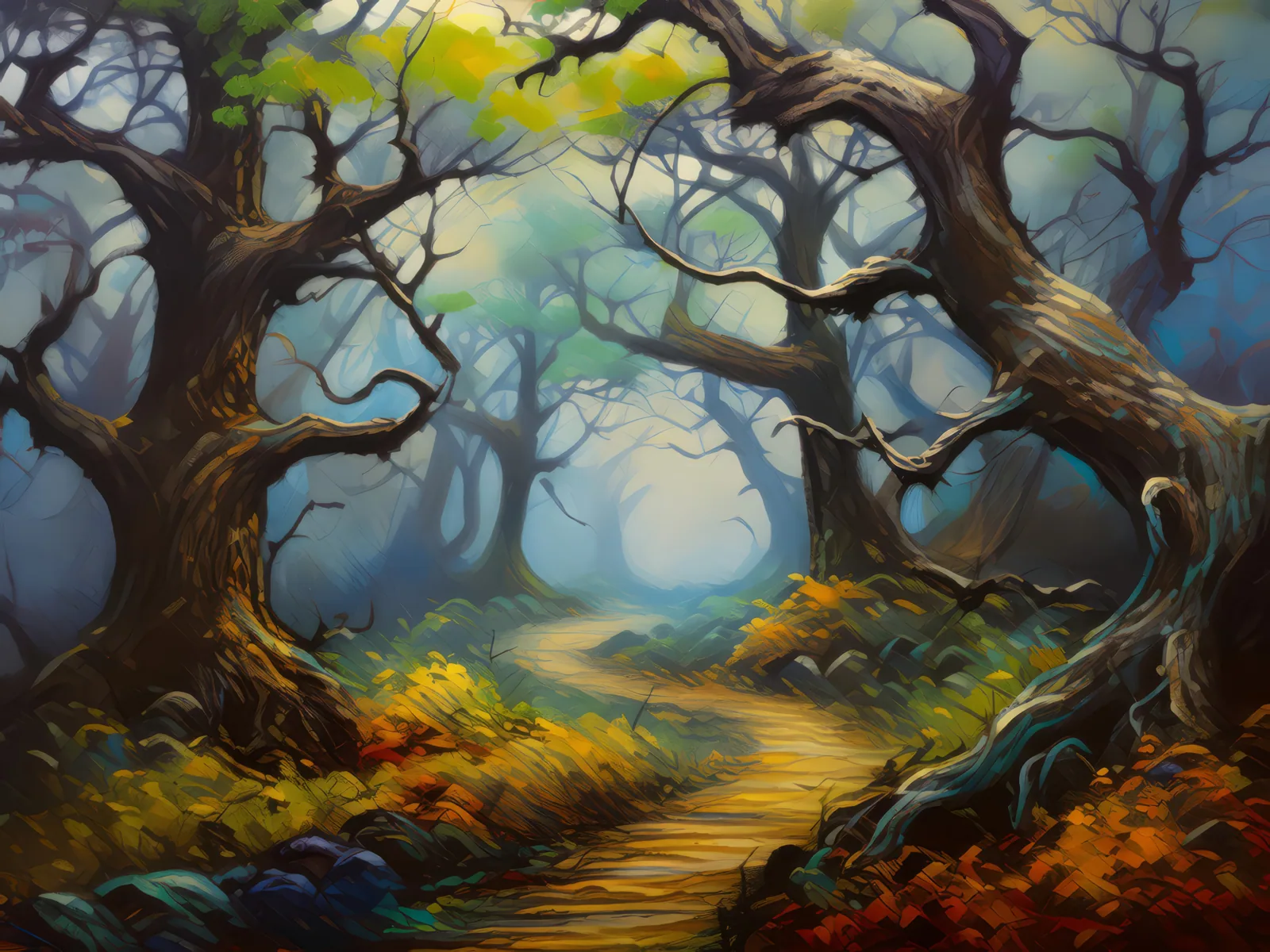 Haunted Forest Path, a palette-knife oil landscape by Emma Mickelberg