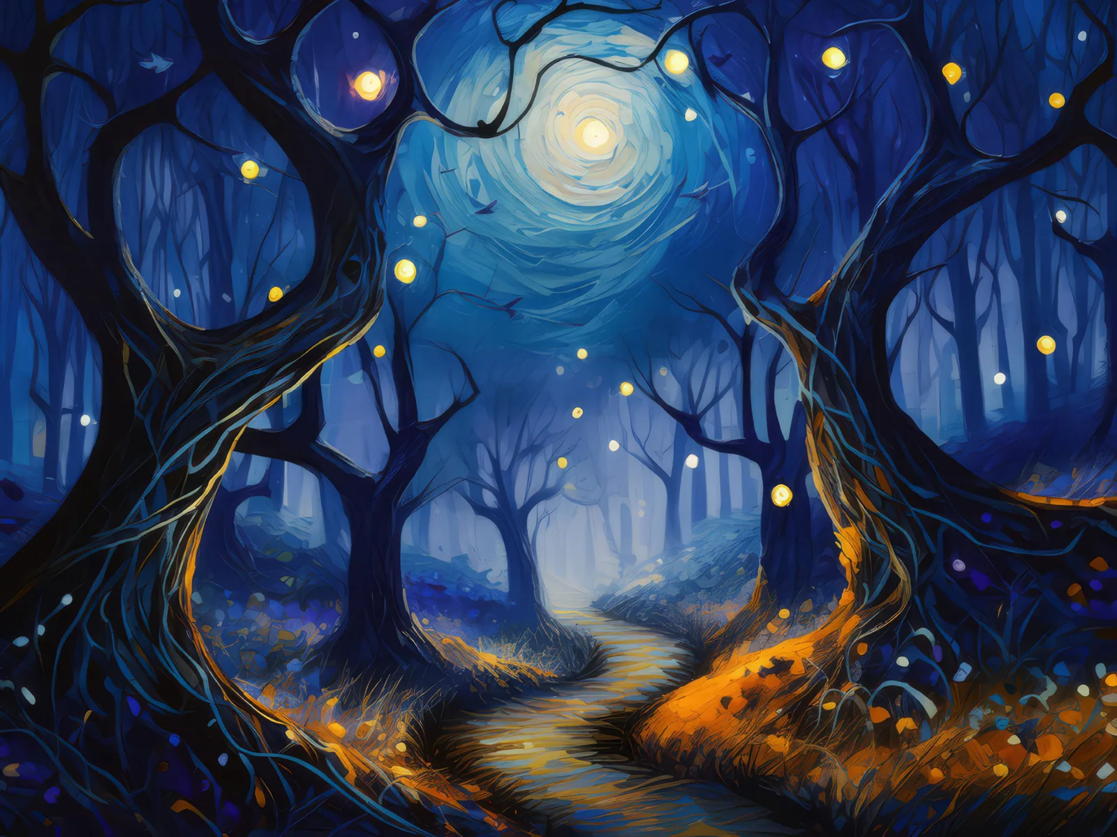 Haunted Forest Trail at Night, a palette-knife oil landscape by Emma Mickelberg