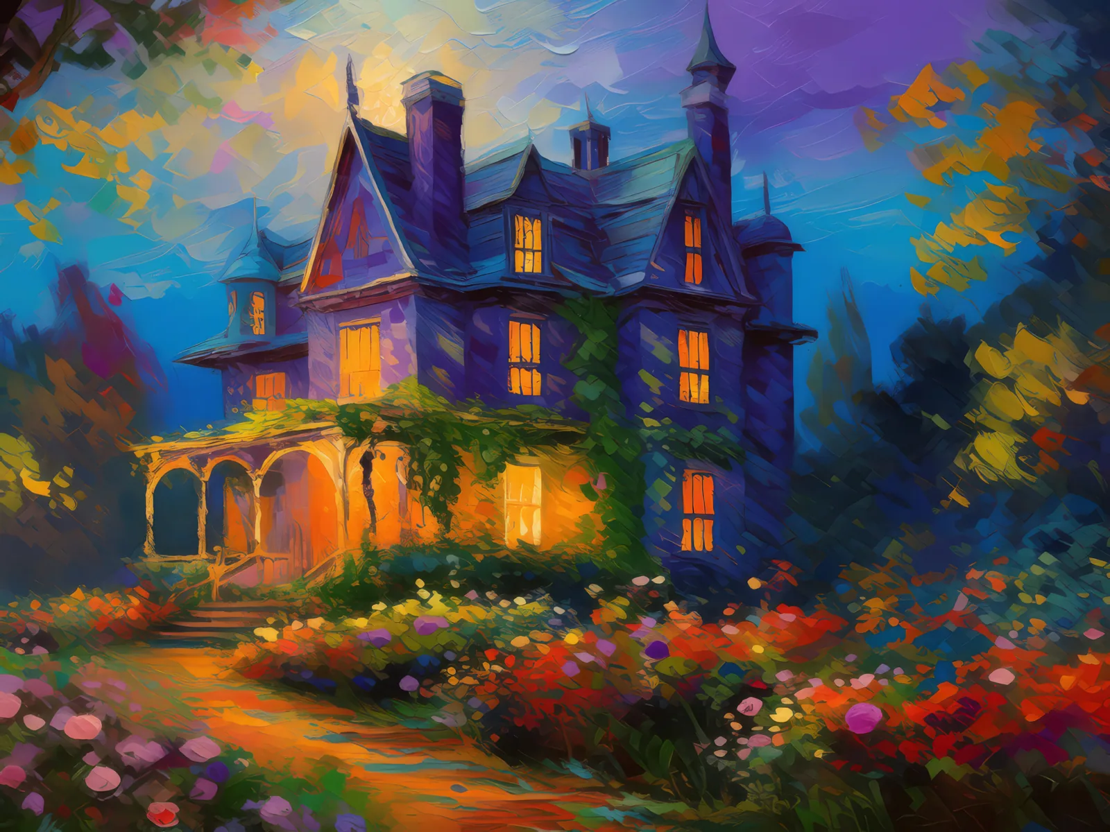 Haunted Victorian Mansion, a palette-knife oil landscape by Emma Mickelberg