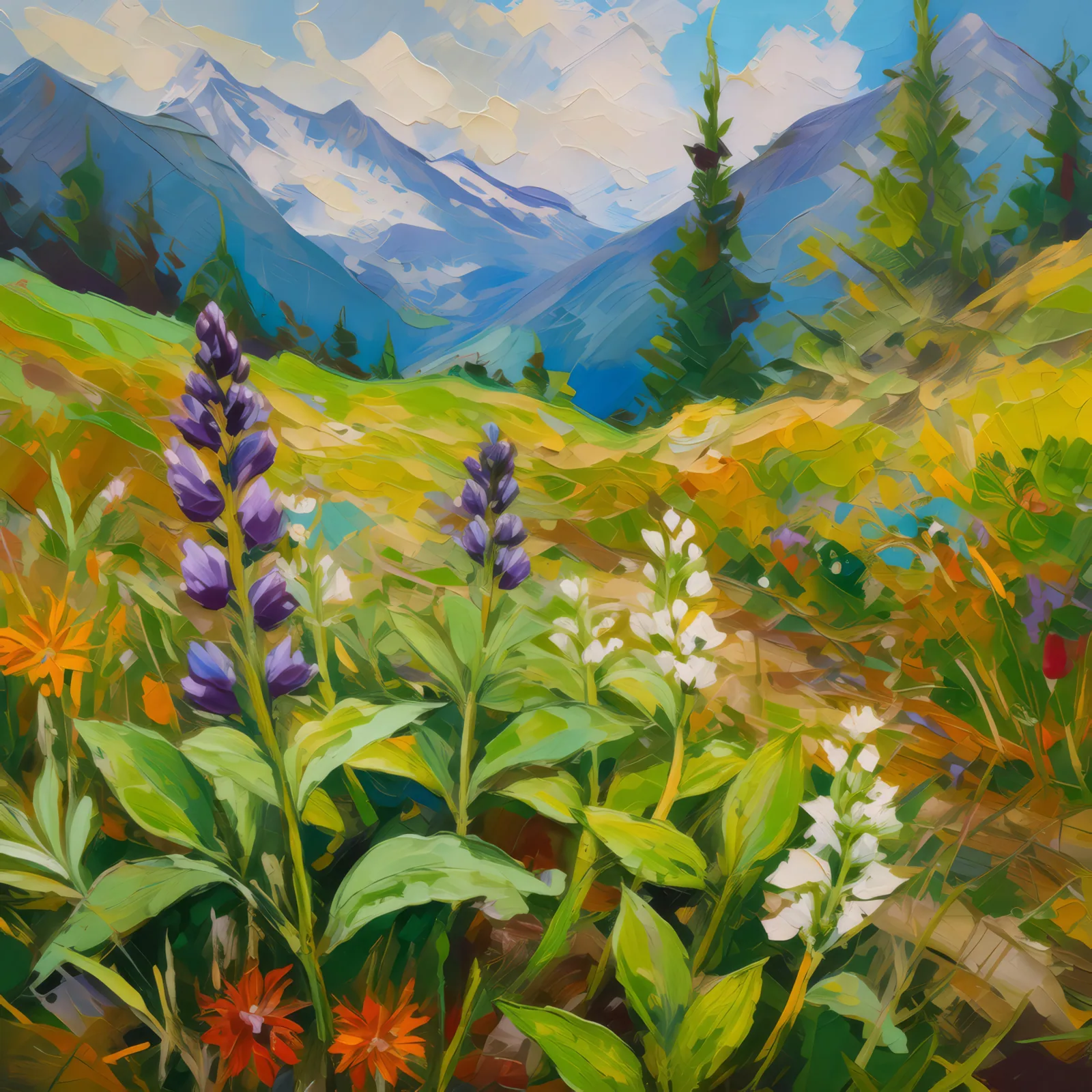 Herbs of the Alpine Meadows, a palette-knife oil landscape by Emma Mickelberg