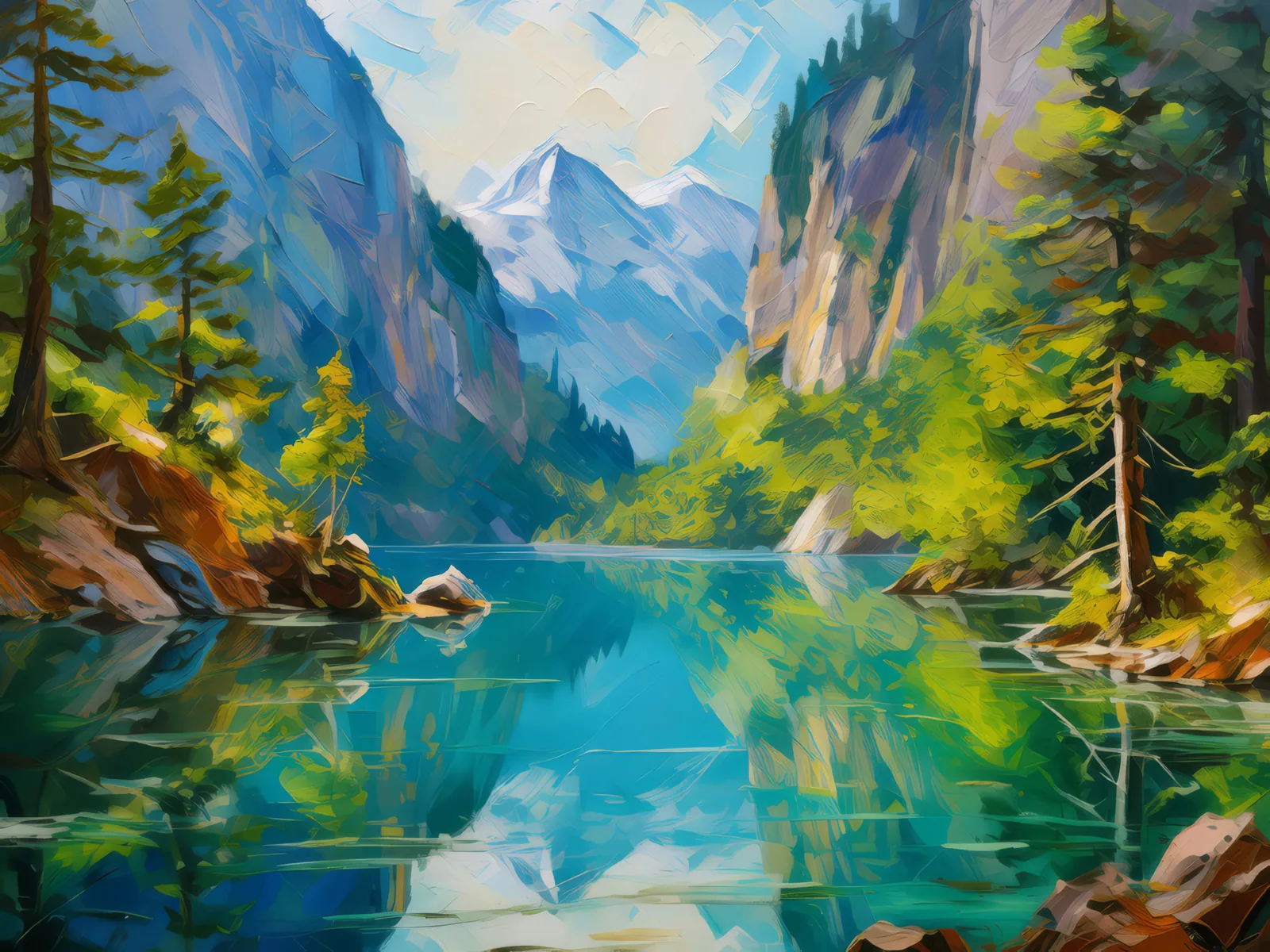Hidden Alpine Lake, a palette-knife oil landscape by Emma Mickelberg
