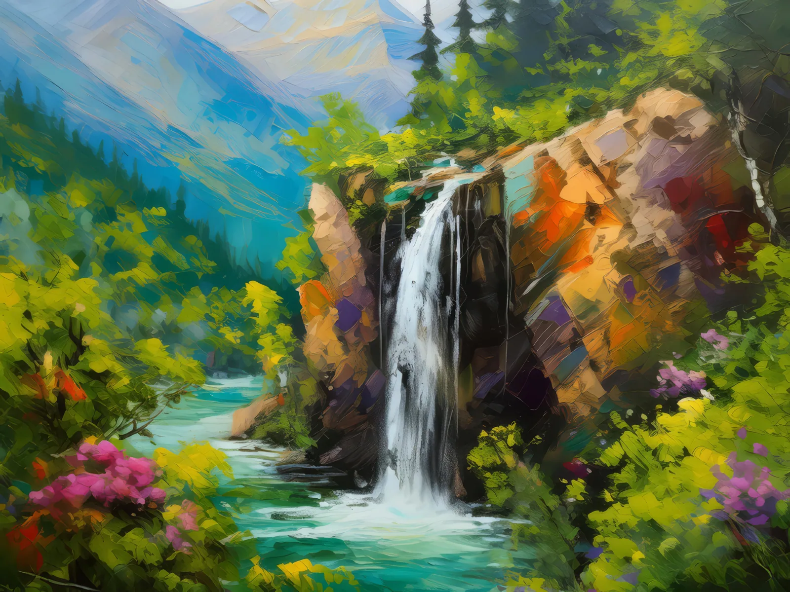 Hidden Alpine Waterfall, a palette-knife oil landscape by Emma Mickelberg