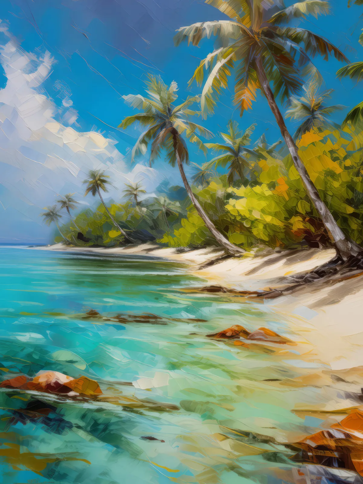 Hidden Atoll Beach, a palette-knife oil landscape by Emma Mickelberg