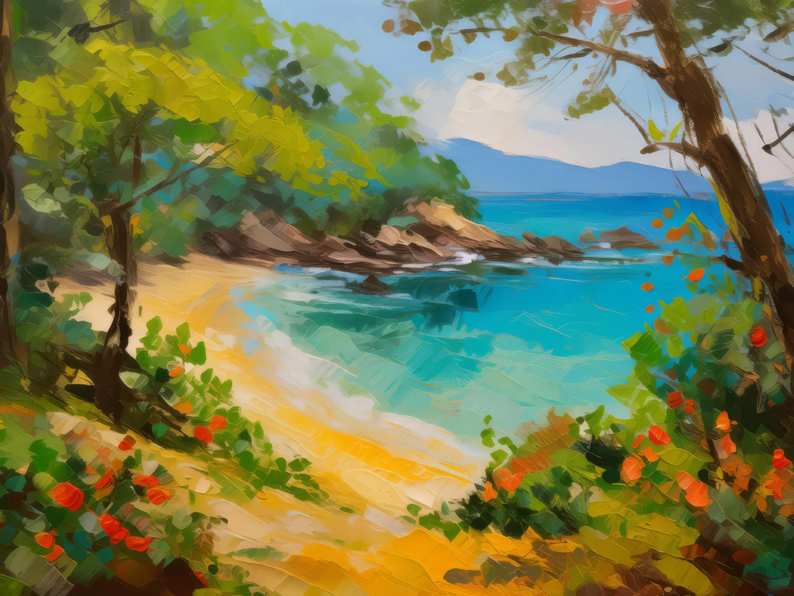 Hidden Beach Cove, a palette-knife oil landscape by Emma Mickelberg