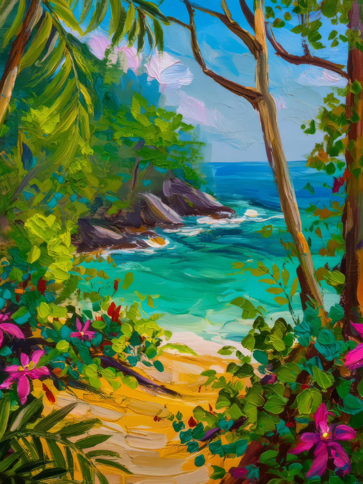 Hidden Beach Exploration, a palette-knife oil landscape by Emma Mickelberg