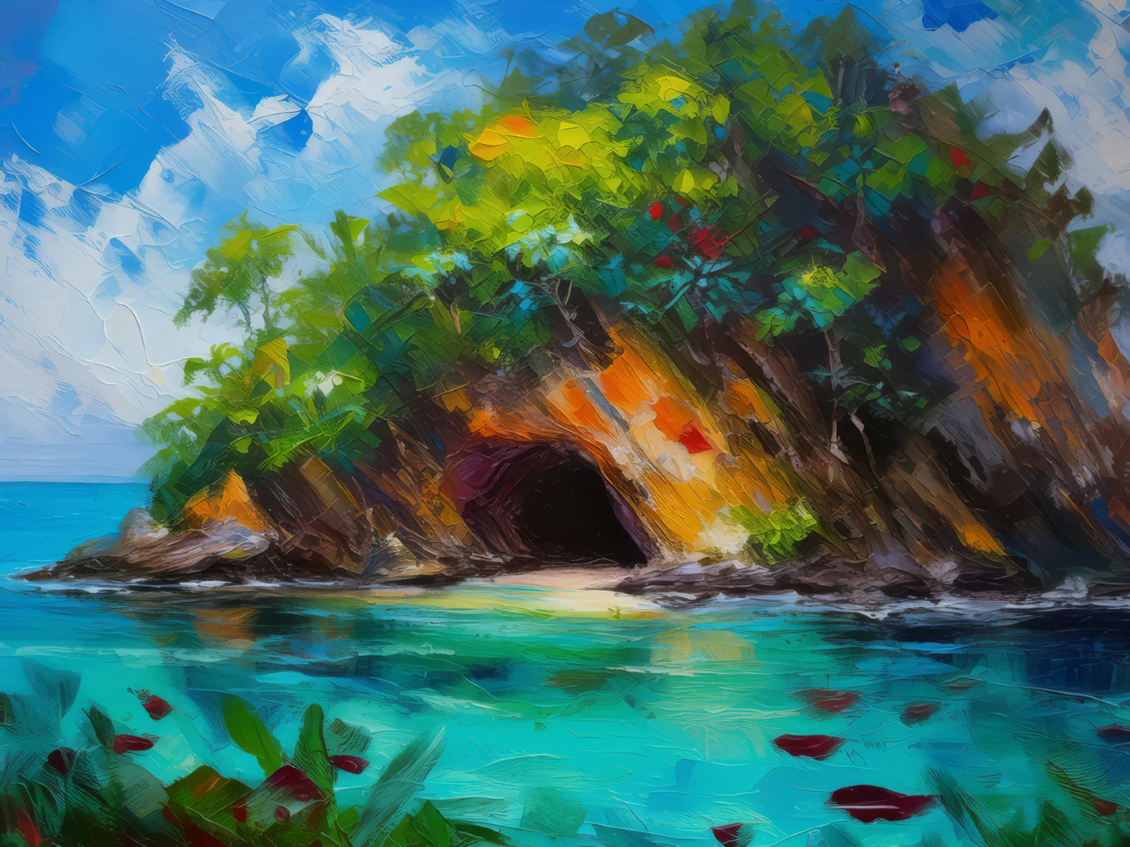 Hidden Cave Island, a palette-knife oil landscape by Emma Mickelberg