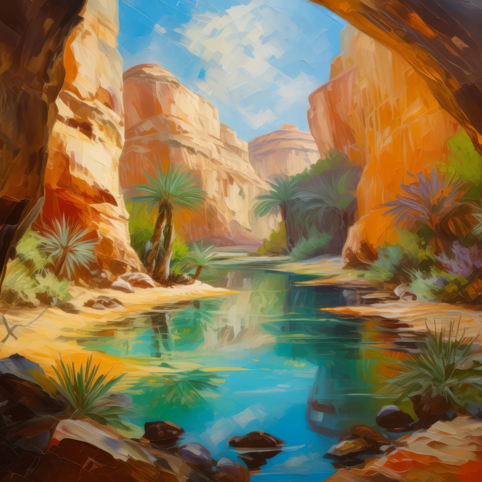 Hidden Desert Grotto, a palette-knife oil landscape by Emma Mickelberg