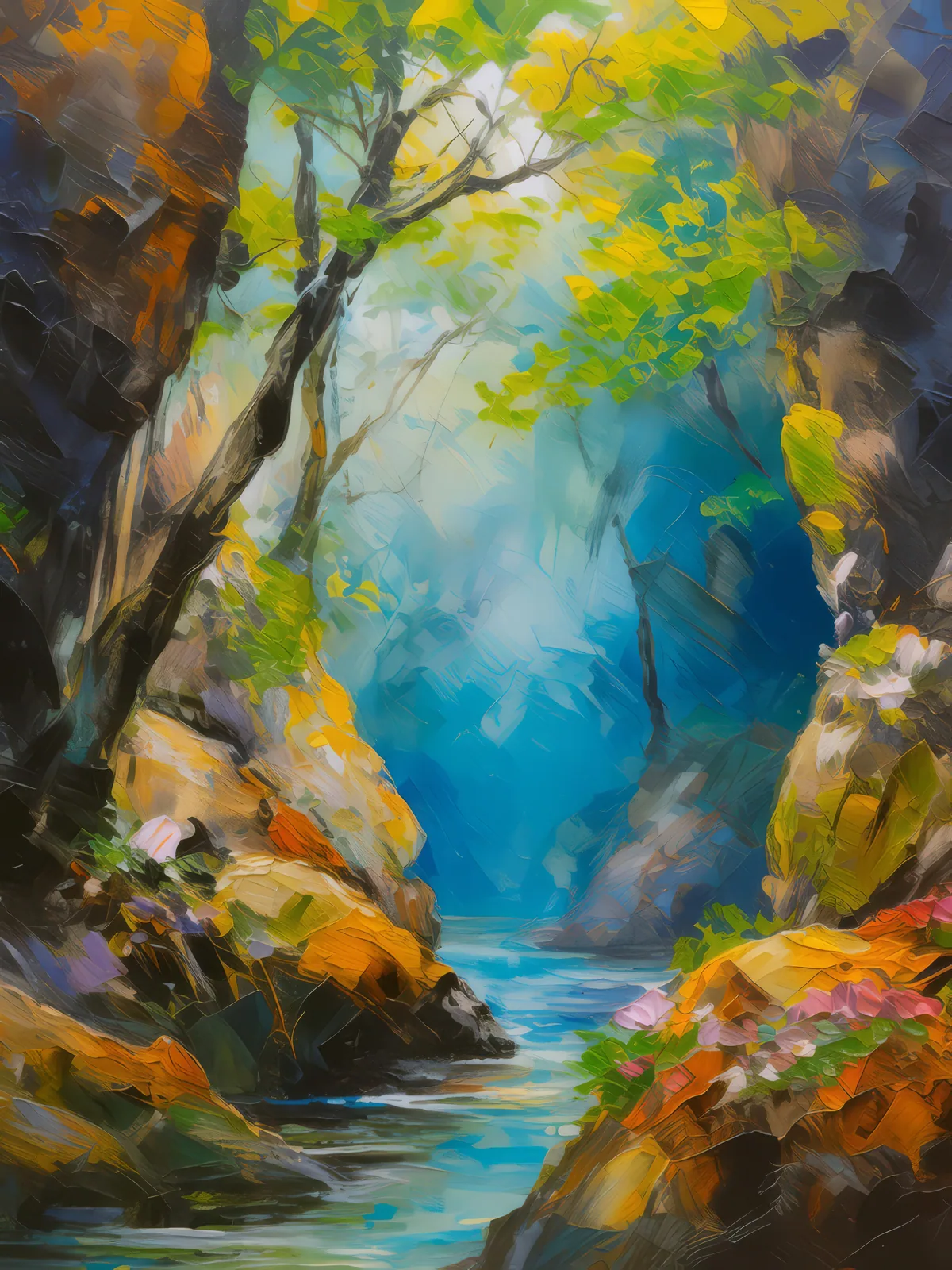 Hidden Forest Chasm, a palette-knife oil landscape by Emma Mickelberg