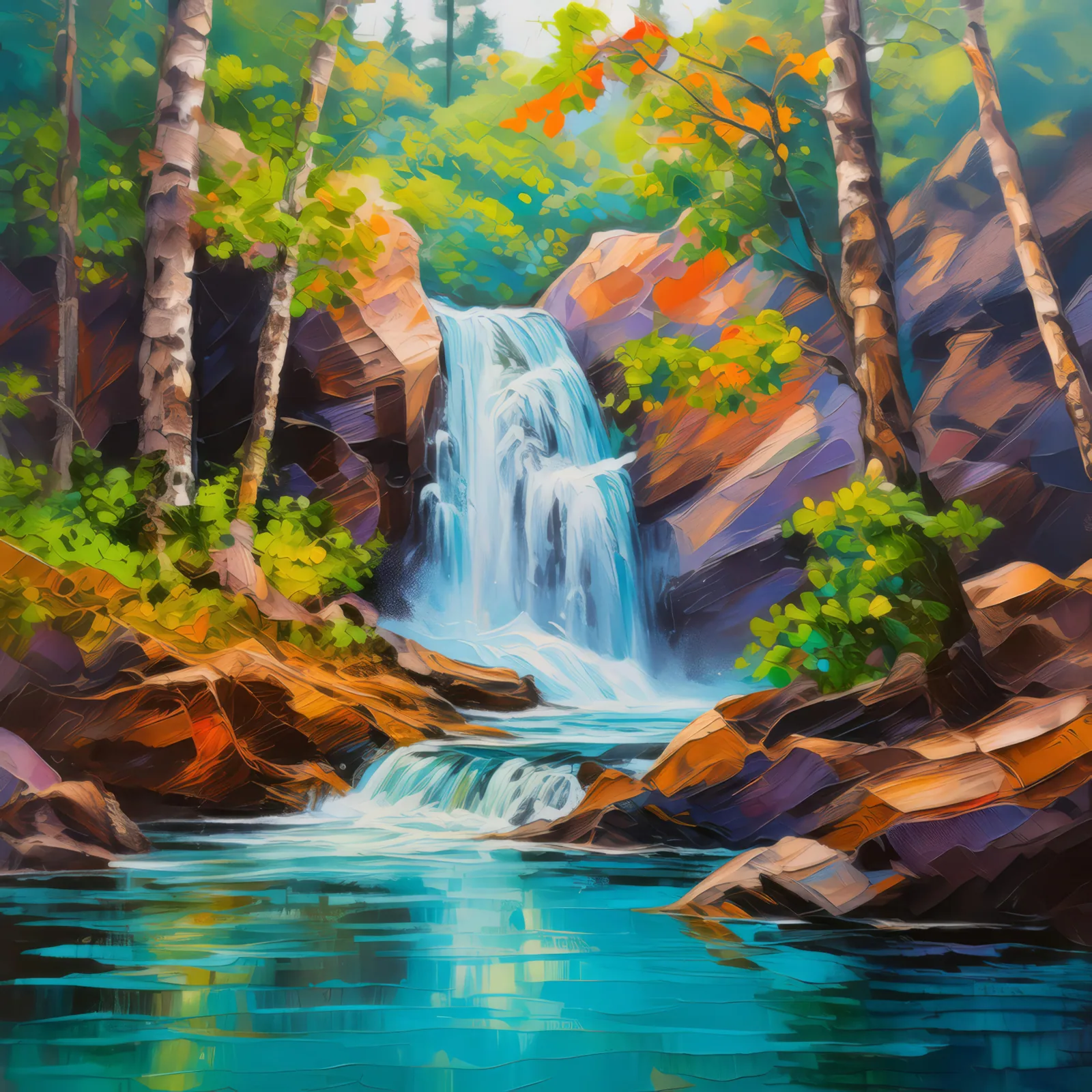 Hidden Forest Waterfall, a palette-knife oil landscape by Emma Mickelberg