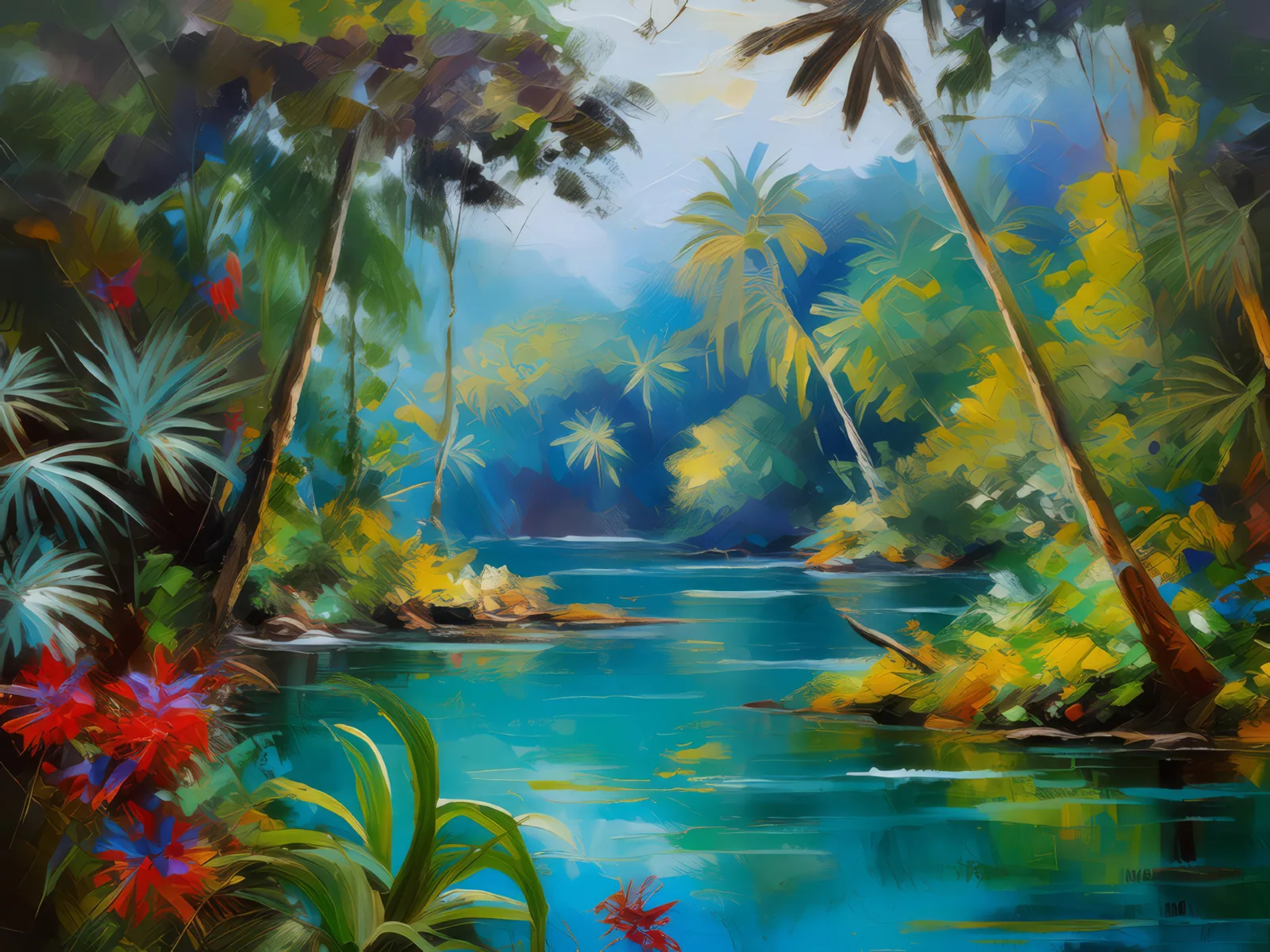 Hidden Jungle Lagoon, a palette-knife oil landscape by Emma Mickelberg