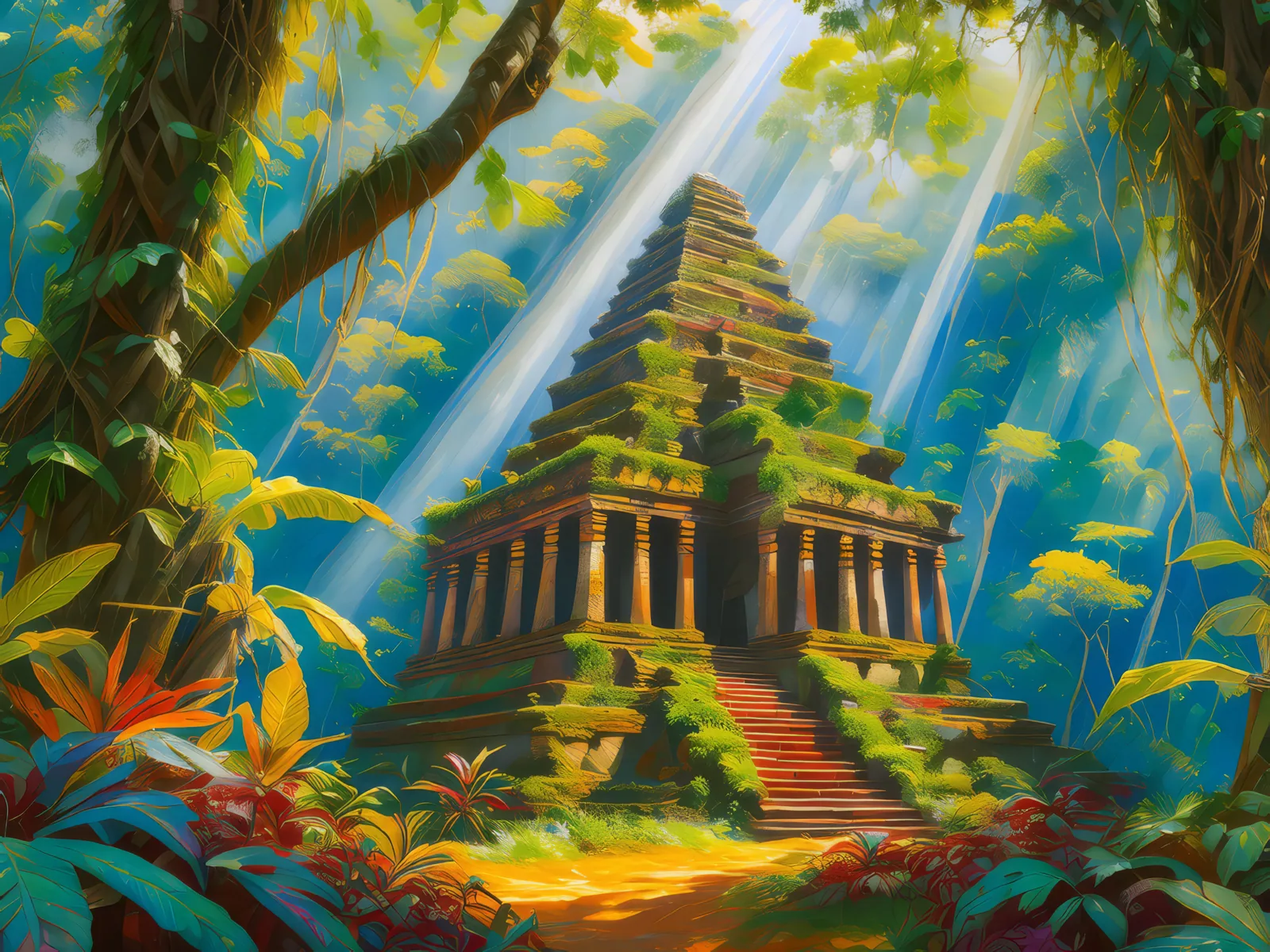 Hidden Jungle Temple, a palette-knife oil landscape by Emma Mickelberg