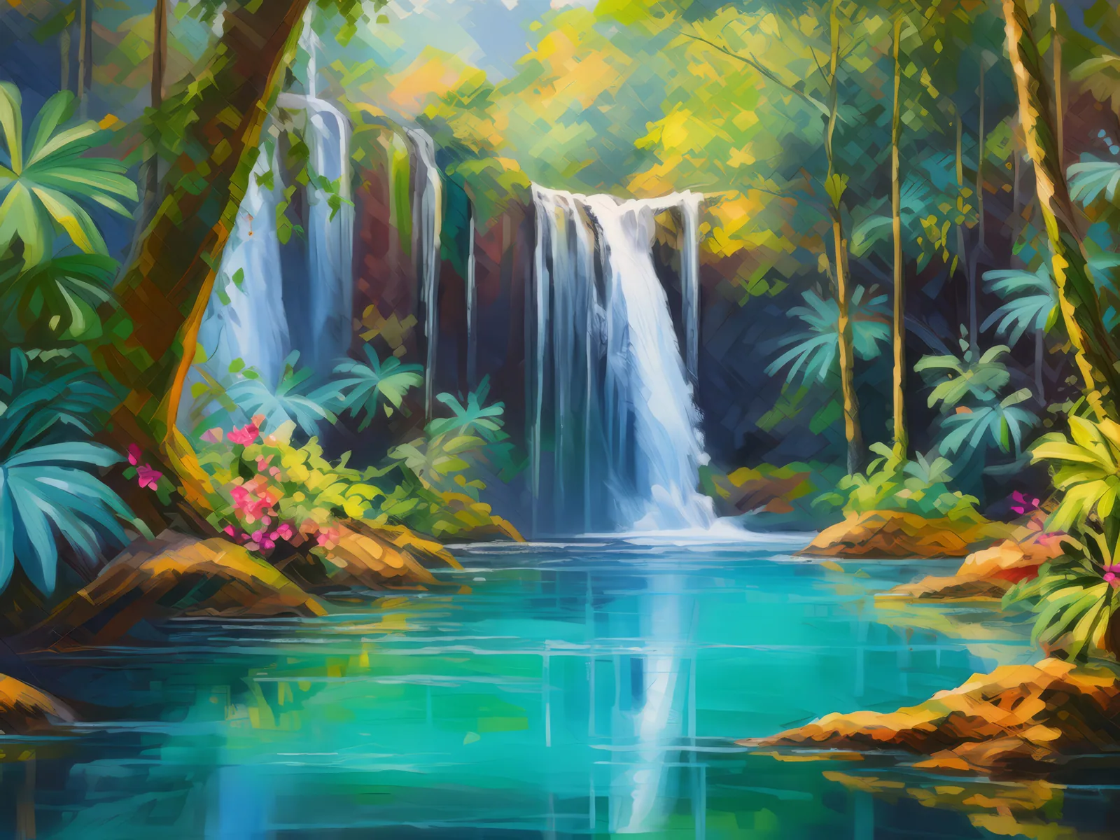 Hidden Jungle Waterfall, a palette-knife oil landscape by Emma Mickelberg