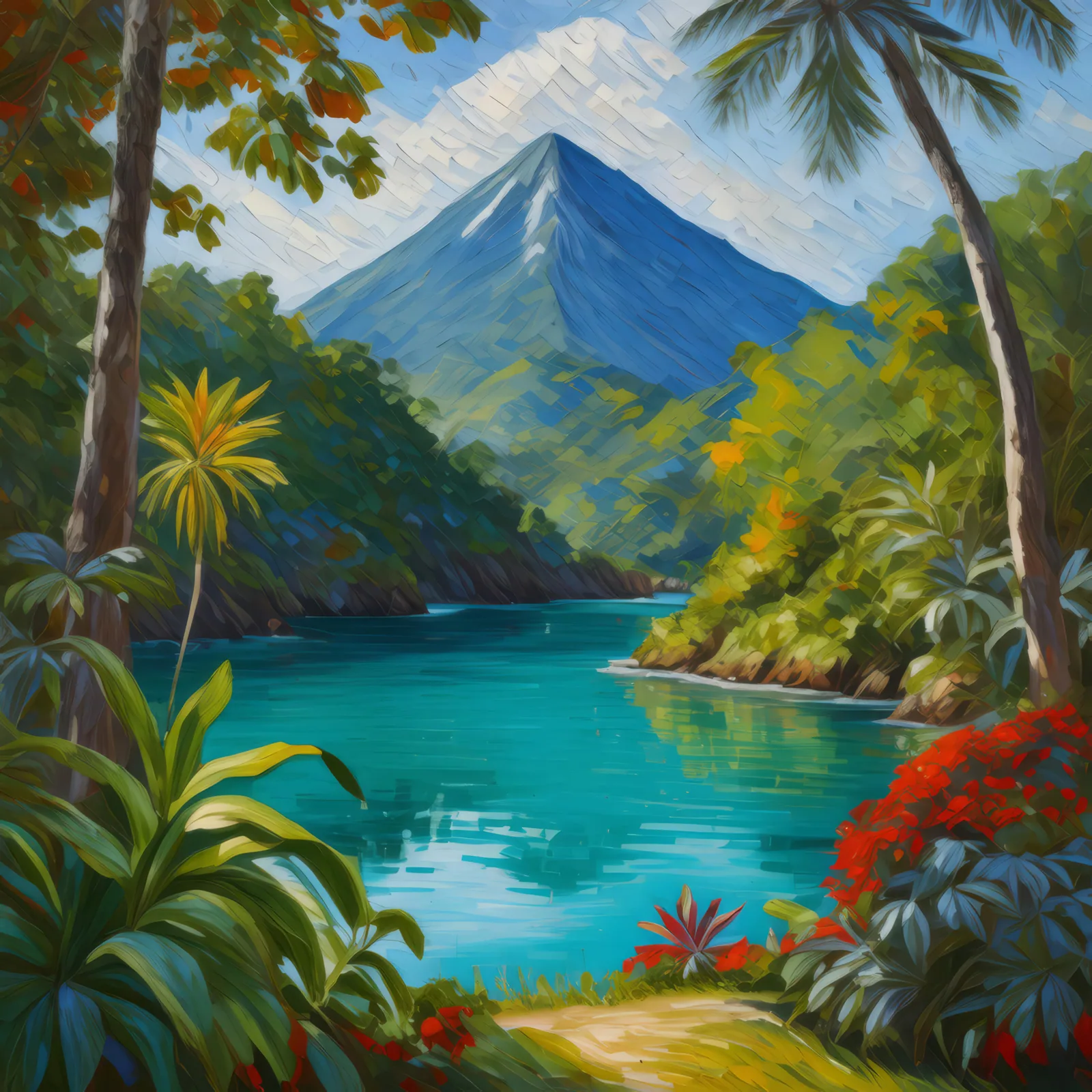 Hidden Lagoon by Mountain, a palette-knife oil landscape by Emma Mickelberg