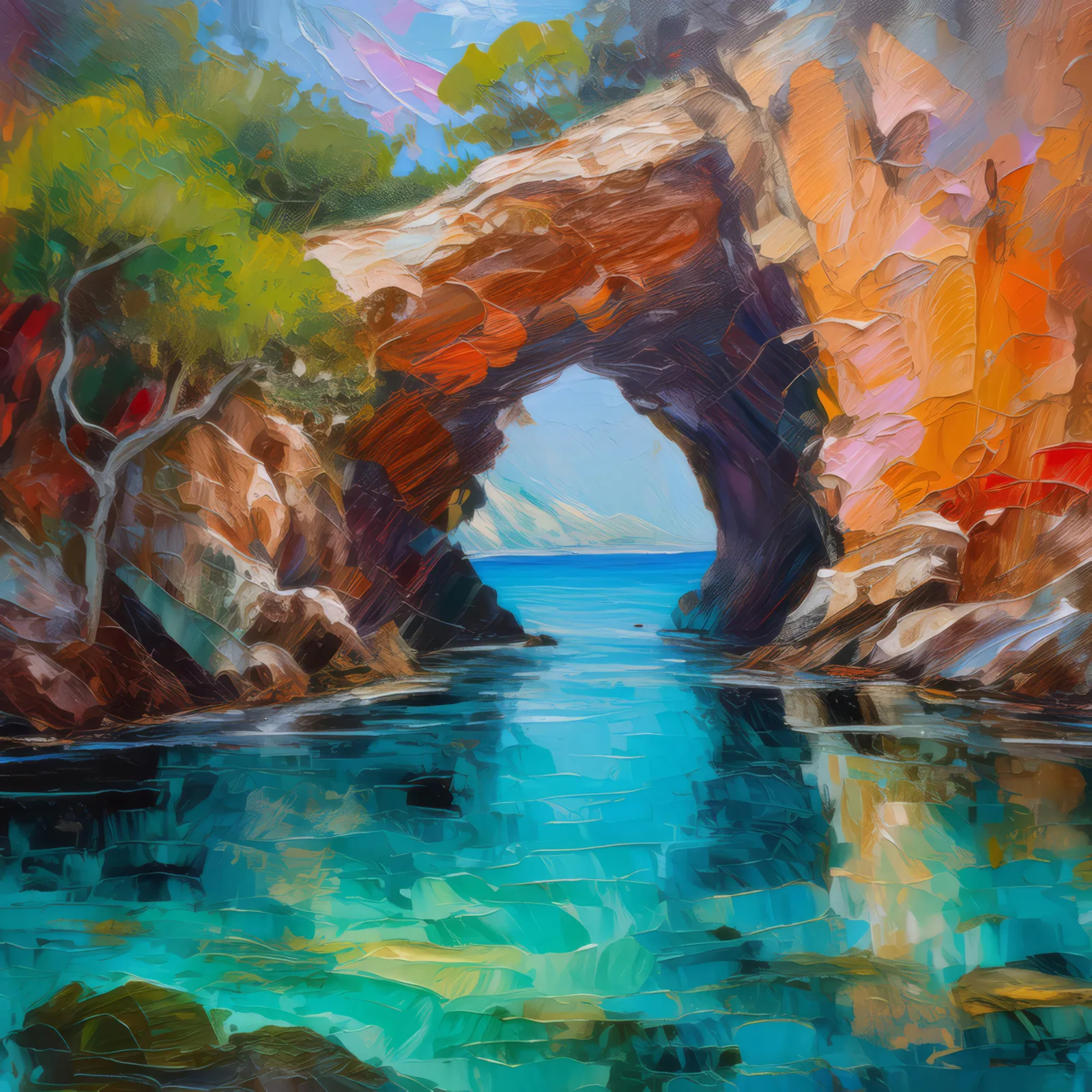 Hidden Lagoon Cave, a palette-knife oil landscape by Emma Mickelberg
