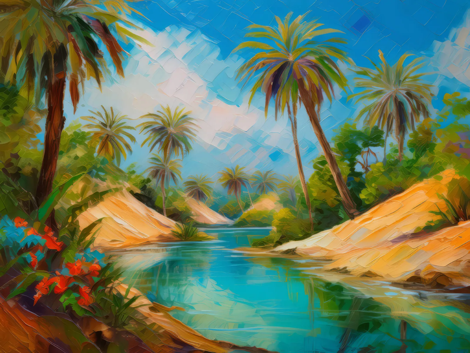 Hidden Oasis Gem, a palette-knife oil landscape by Emma Mickelberg